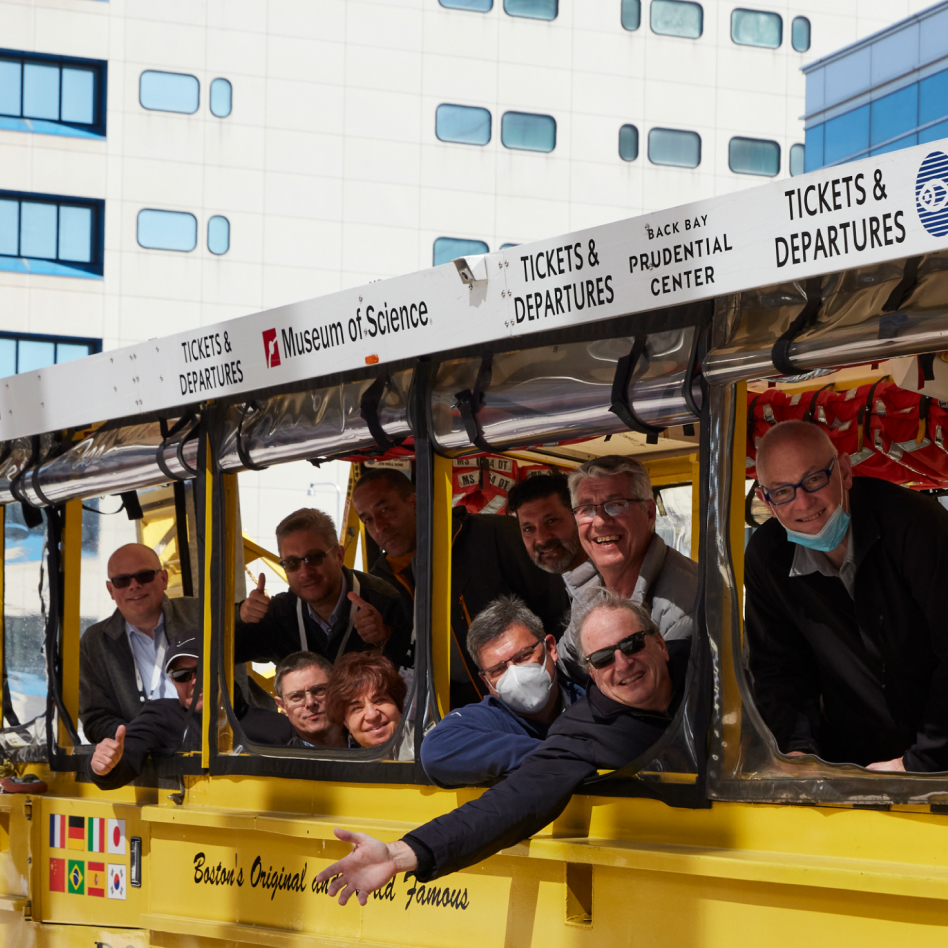 A group of IBM Think event attendees riding an amphibious
vehicle in Boston.