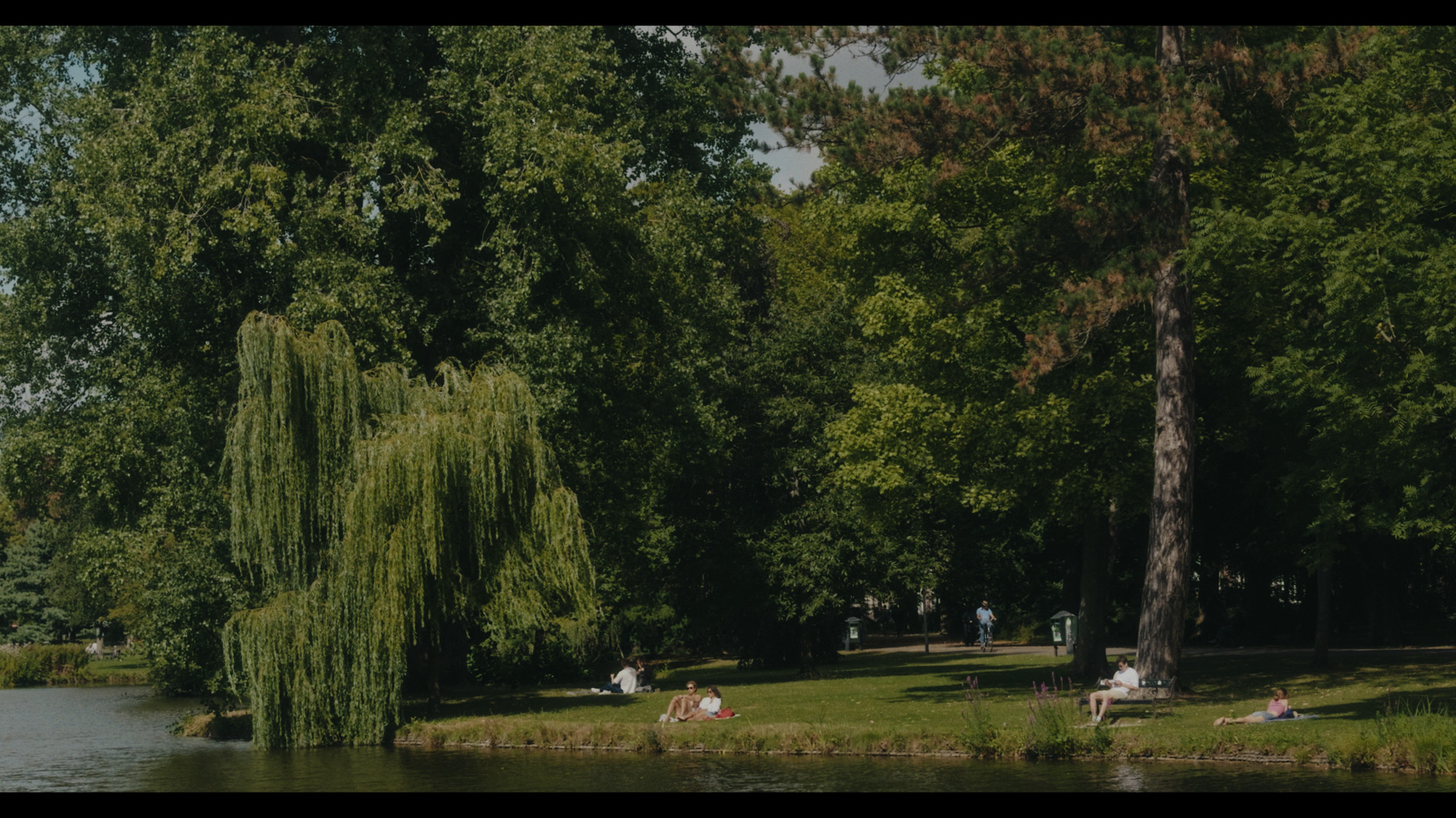 People relax on a grassy bank beside a tranquil river, shaded by lush green trees and a weeping willow.