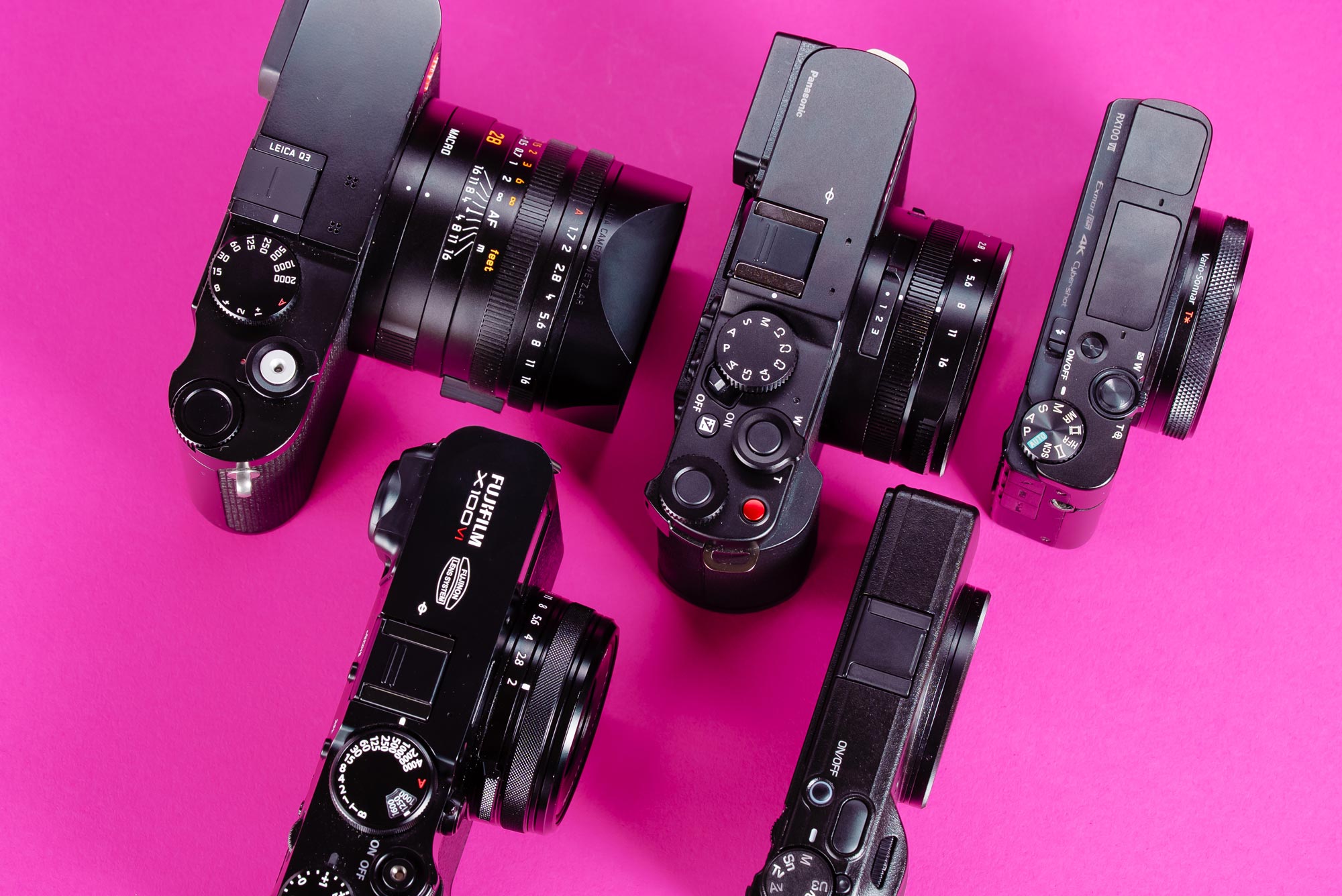 From L-R: A used Leica Q3, Fujifilm X100VI, Panasonic Lumix L10, Sony RX100 VII and Ricoh GR IV.