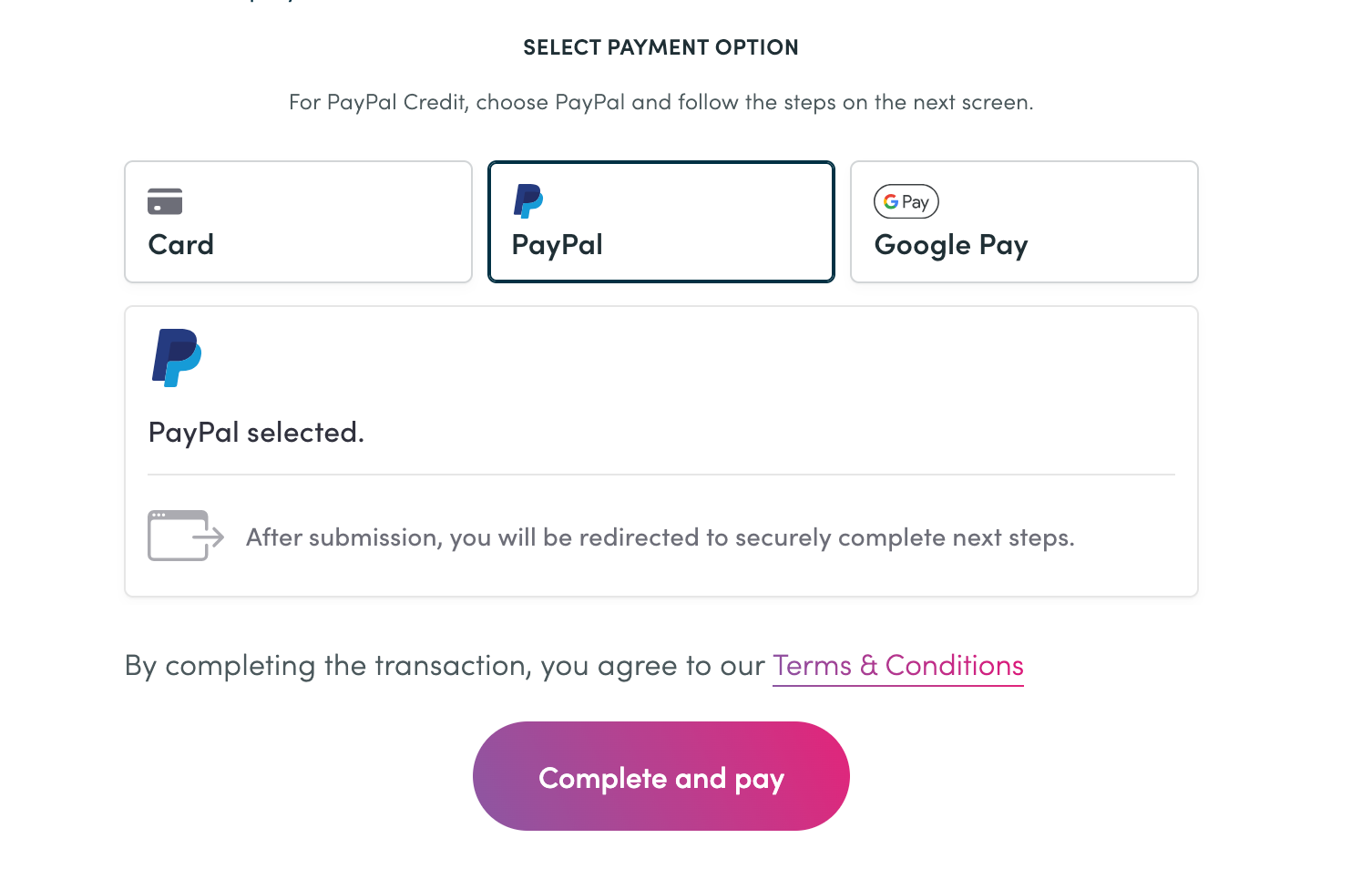 Paying by PayPal Credit, step one