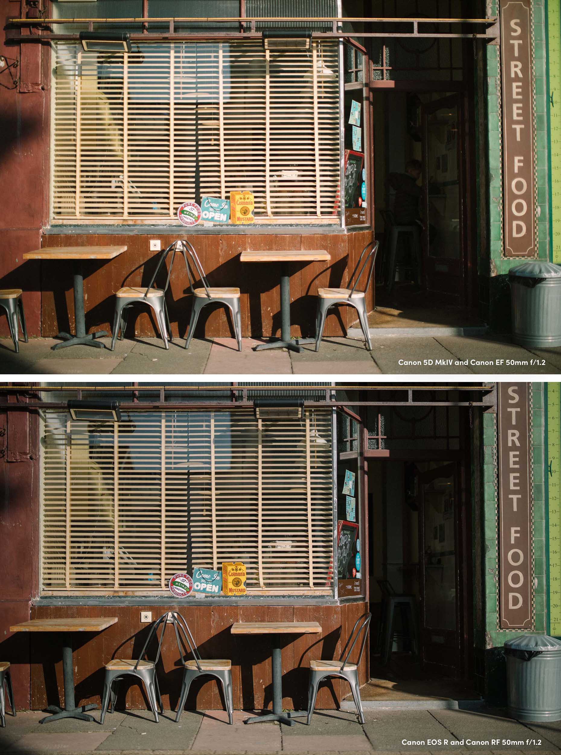 Two photos of a cafe to compare two Canon lenses