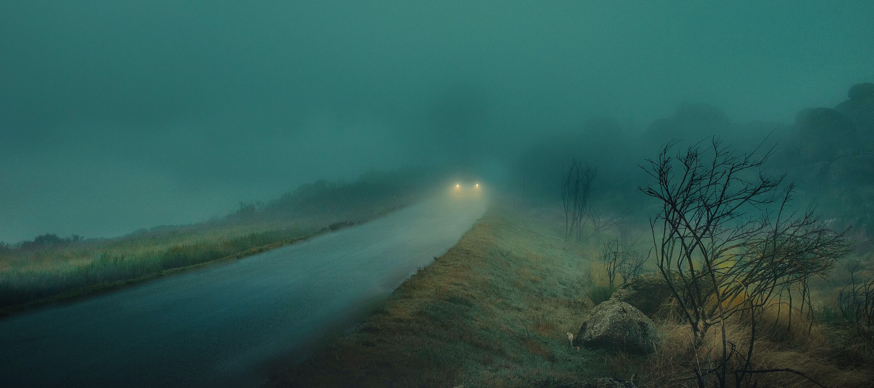 a foggy scene with car in the distance at dawn