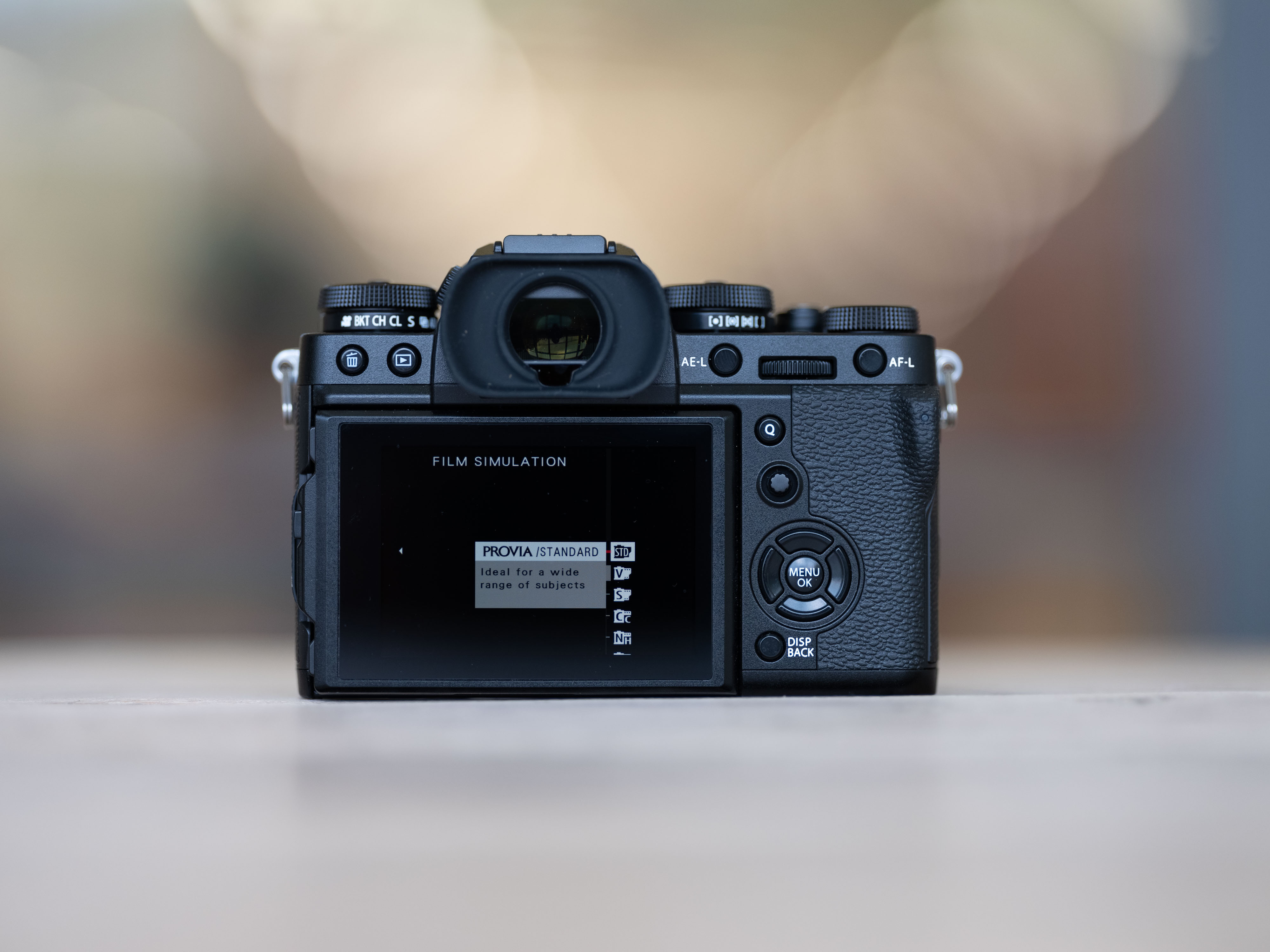 rear of a Fujfilm X-T3 showing a Acros preset