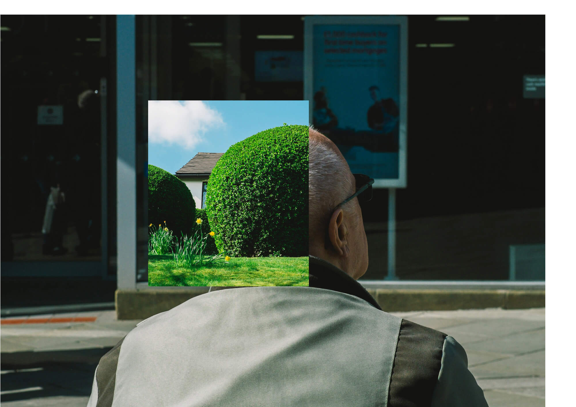 a collage of a bush and a man's head