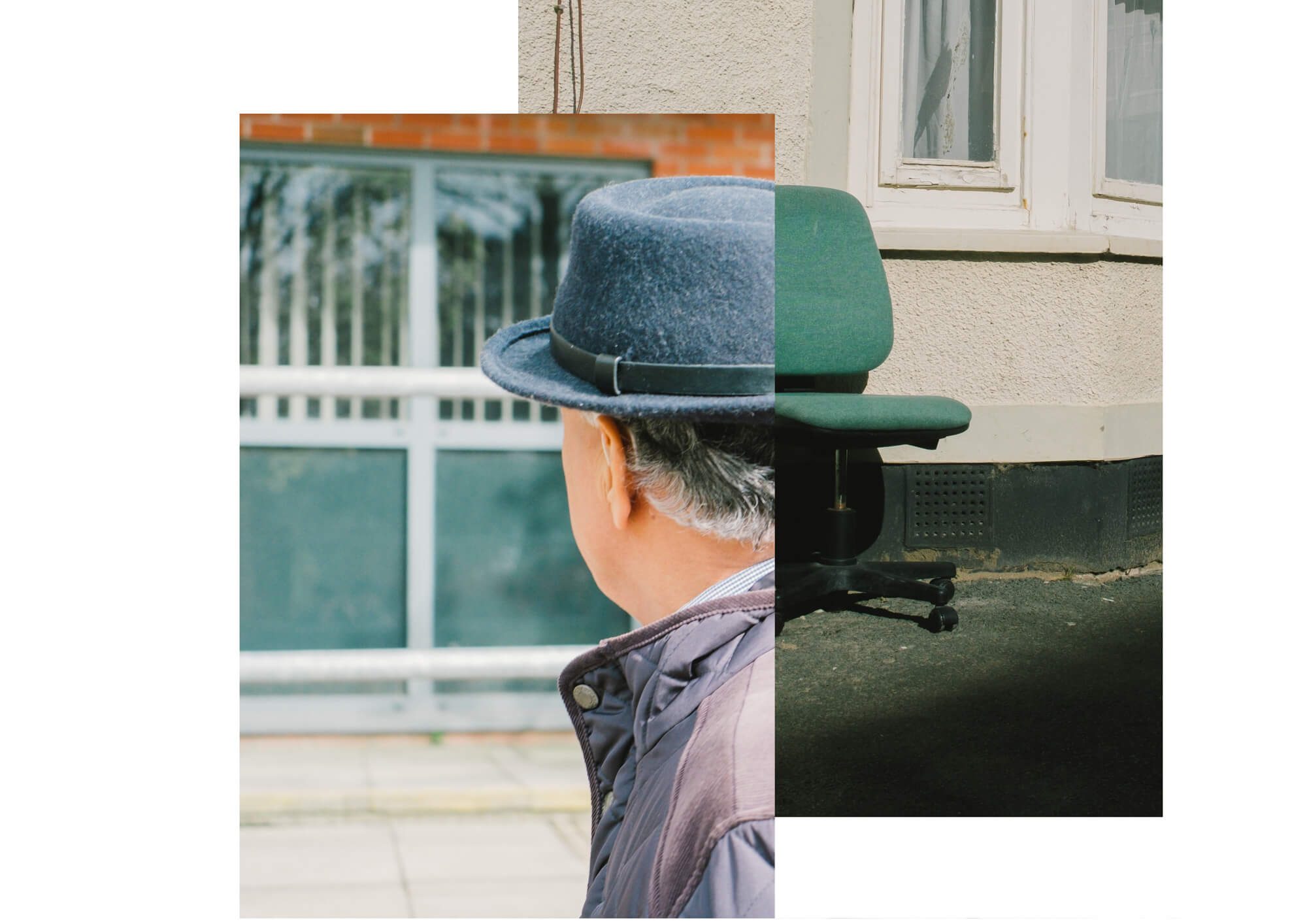 a collage of a man's hat and a chair