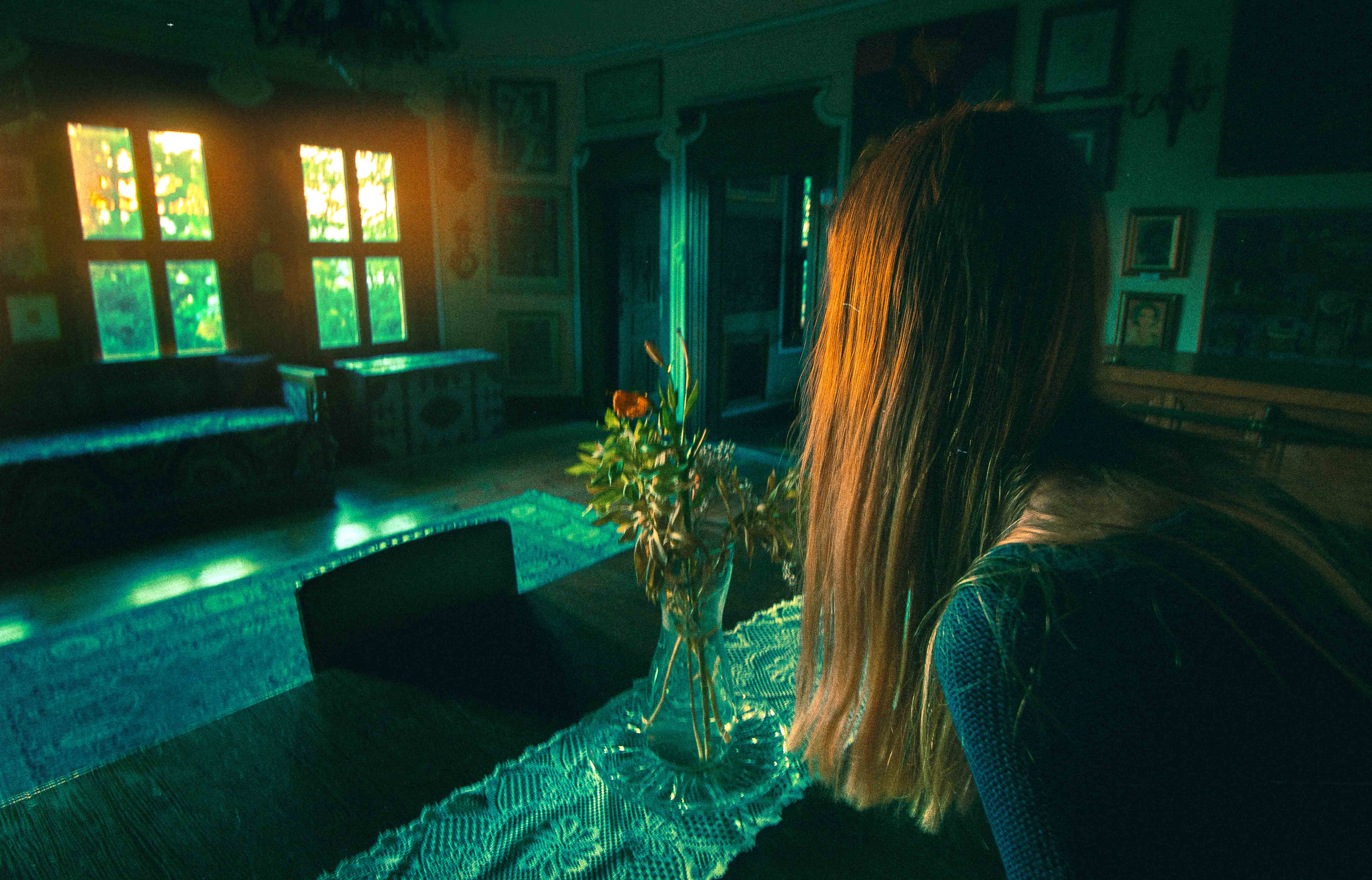 A girl, sat alone at a table looking out of a window in the distance.