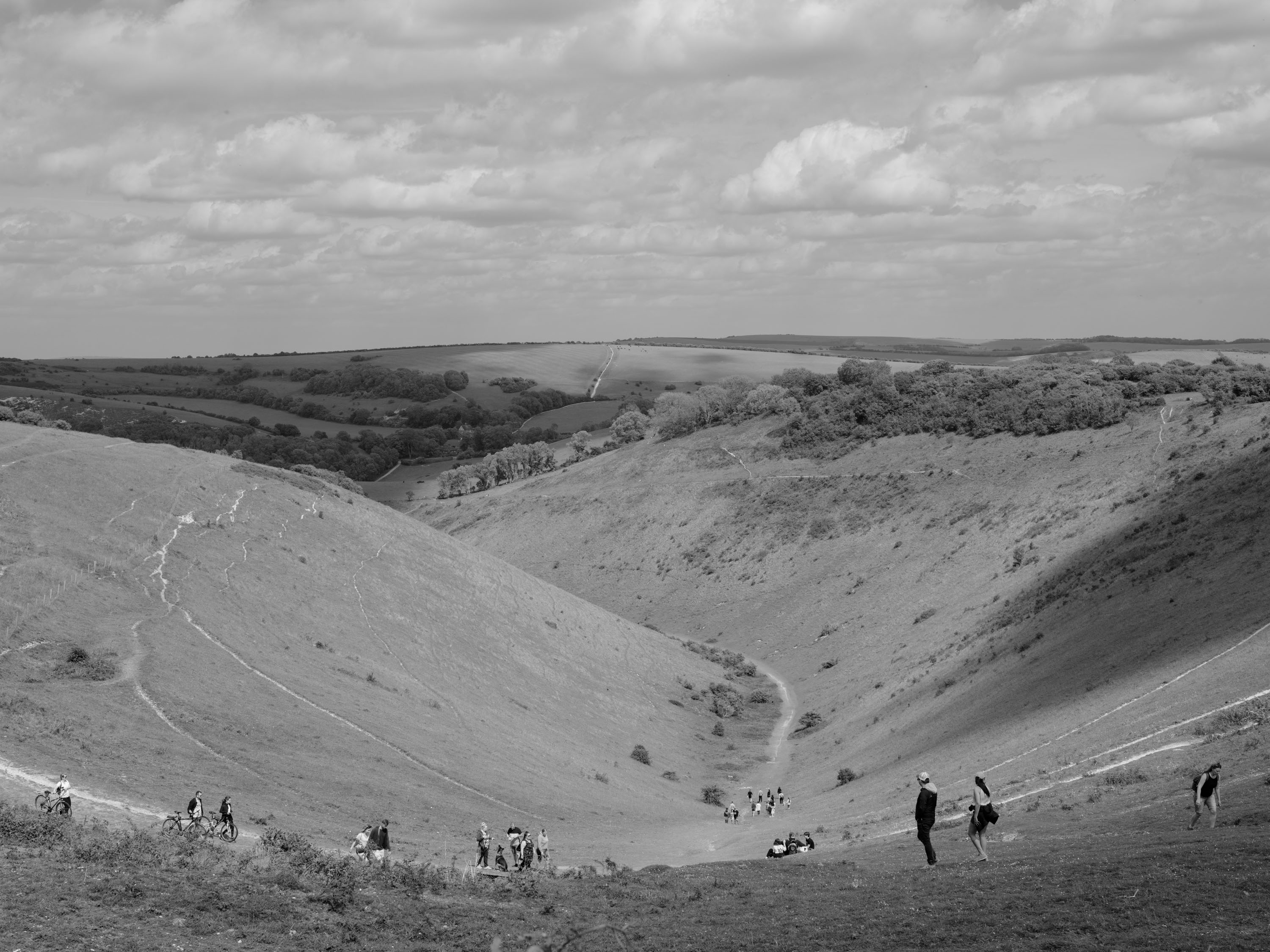 Black and White landscape of Devil's Dyke -- rolling hills. Shot with Fuji GFX100.