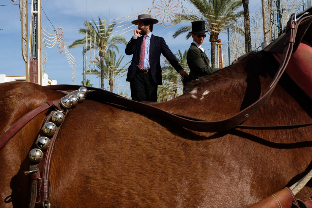 Person in a suit wearing a wide-brimmed hat with the body of a horse in the foreground