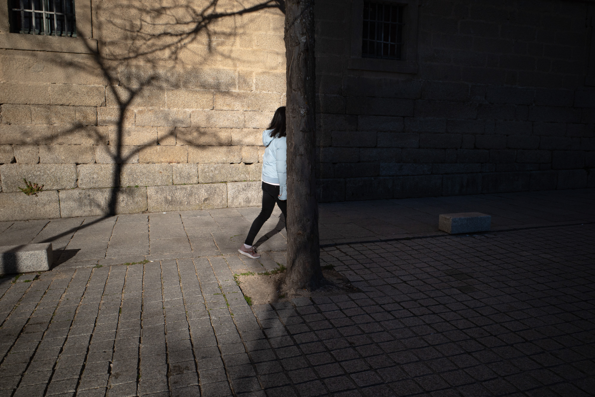 Person walking behind a tree in high contrast street