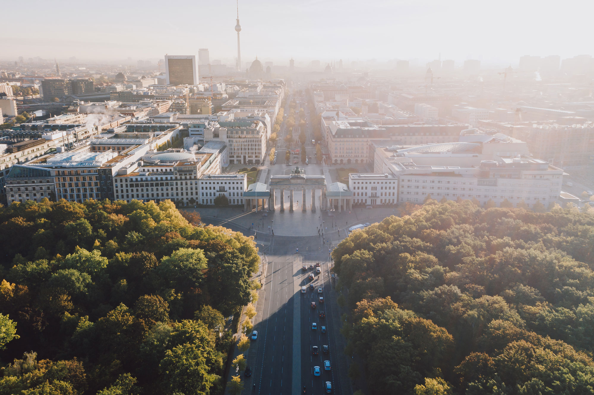 Aerial drone shot of the Brandenburg Gate, Berlin