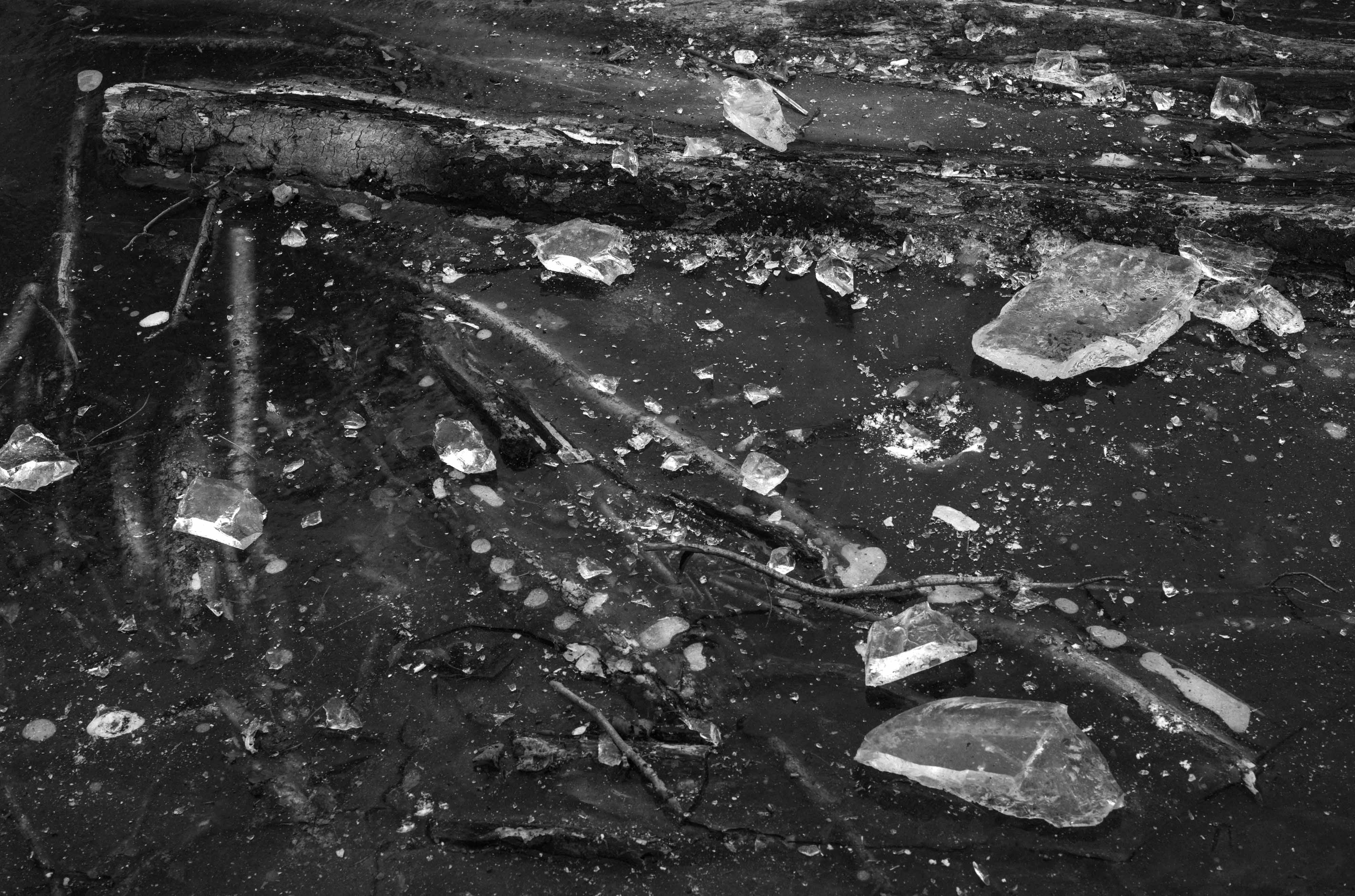 Une photo en noir et blanc de morceaux de glace brisée sur un étang gelé, prise avec un Leica M Typ 246 Monochrom.