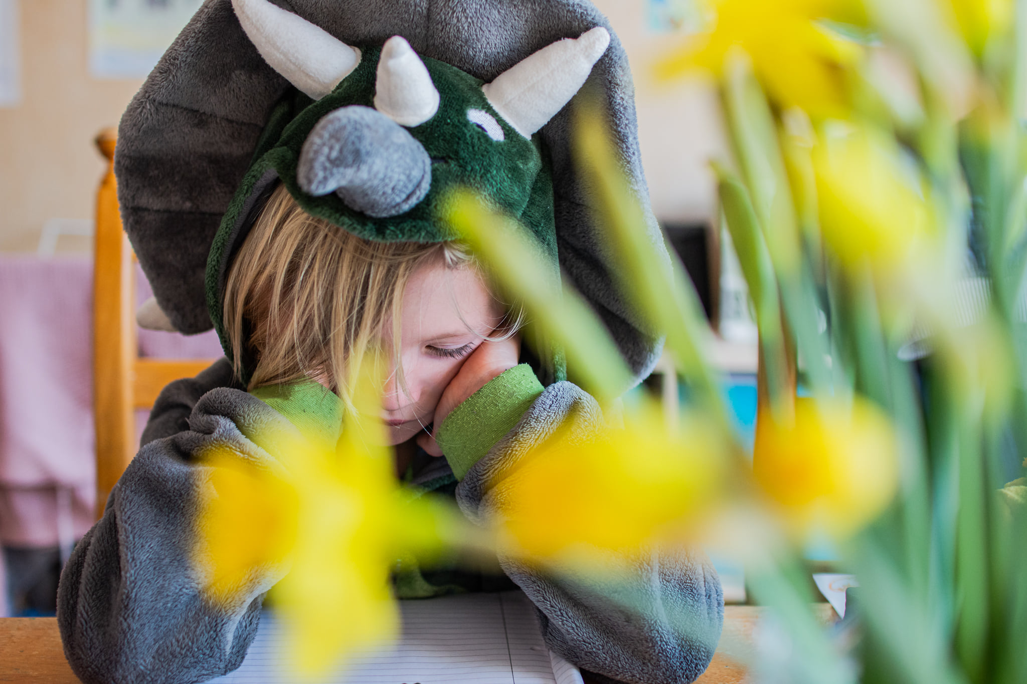 A kid in a dinosaur costume sulking in front of daffodils
