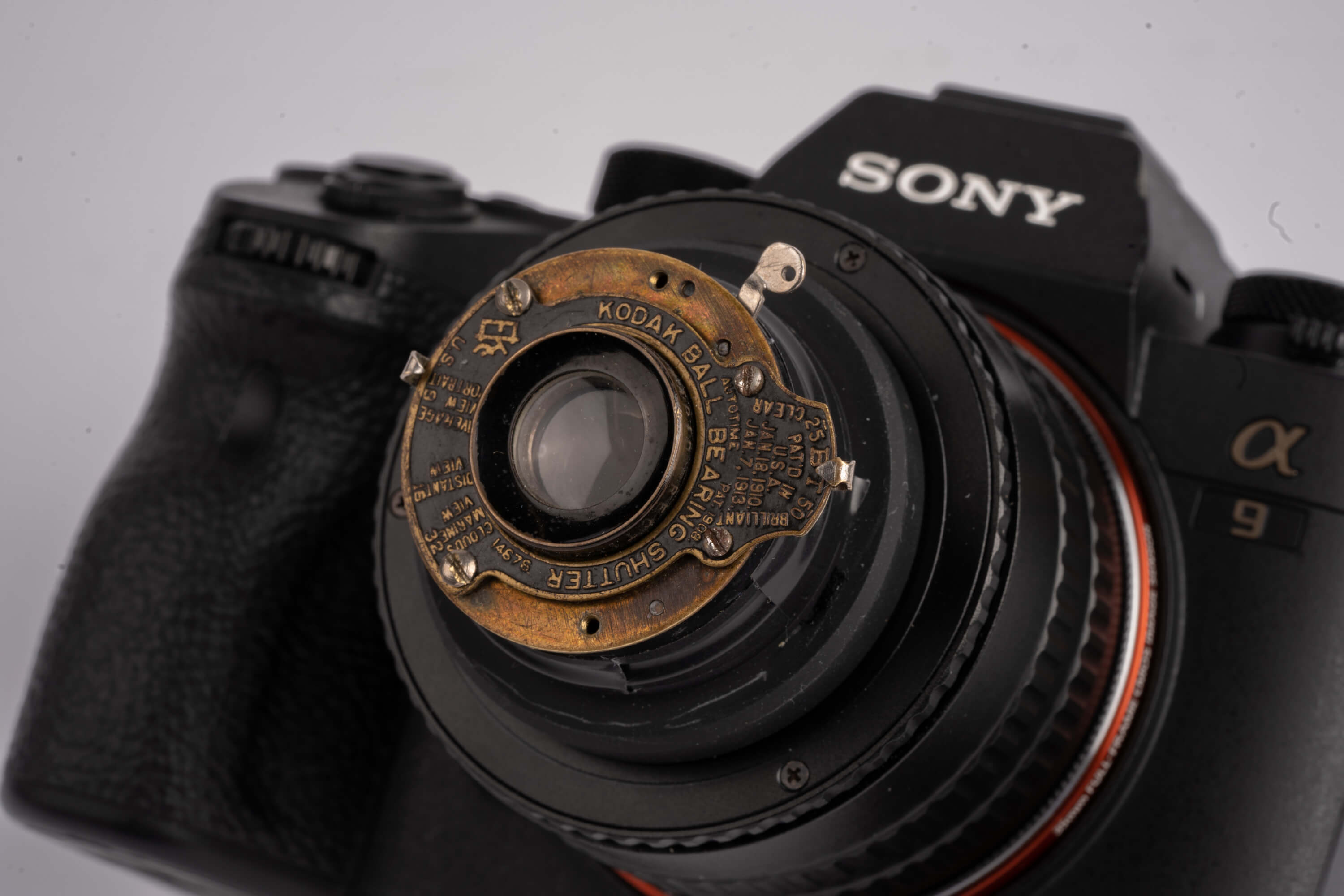 Close-up of the Kodak Vest Pocket conversion mounted on the Sony A9