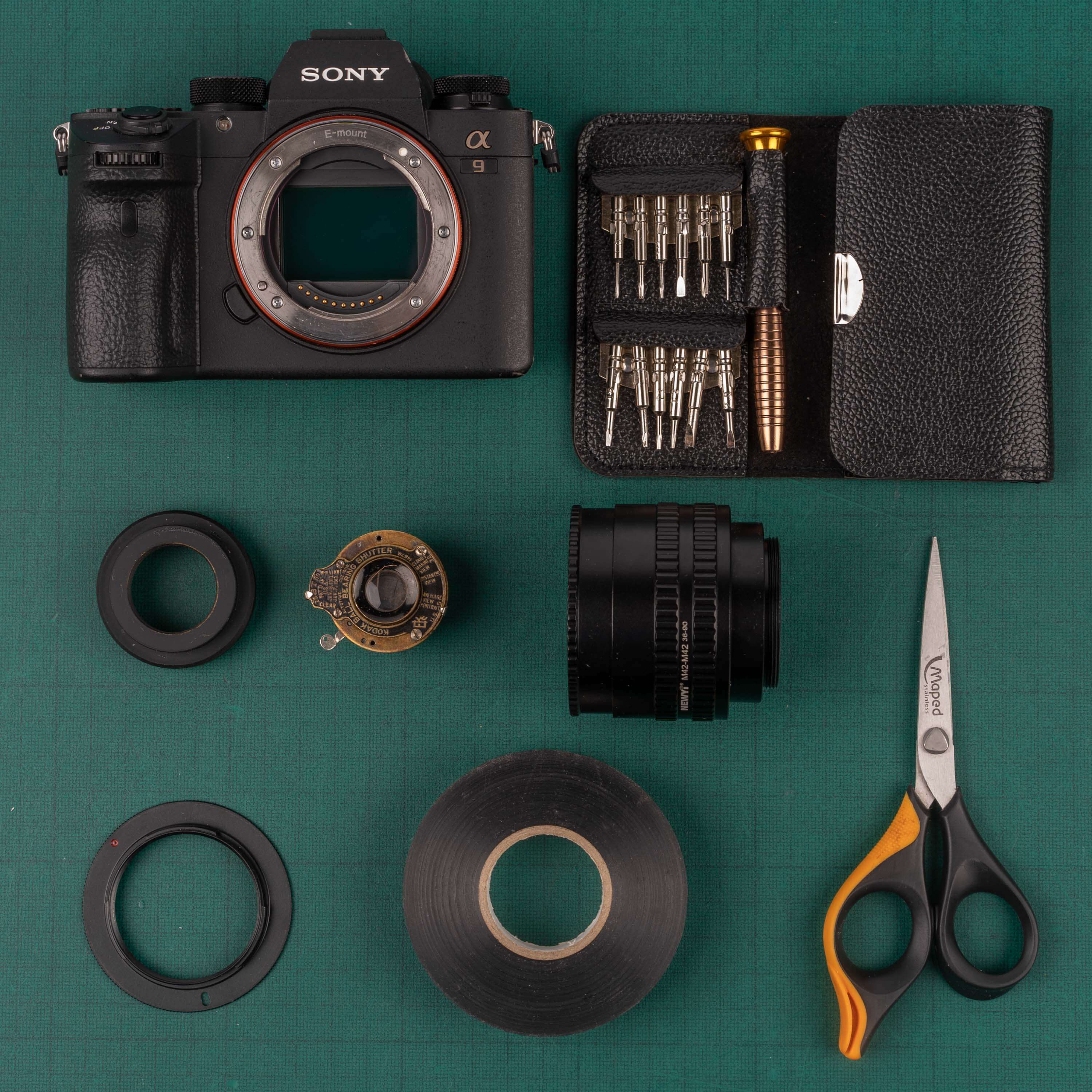 Flatlay of the 1916 Kodak Vest Pocket conversion kit