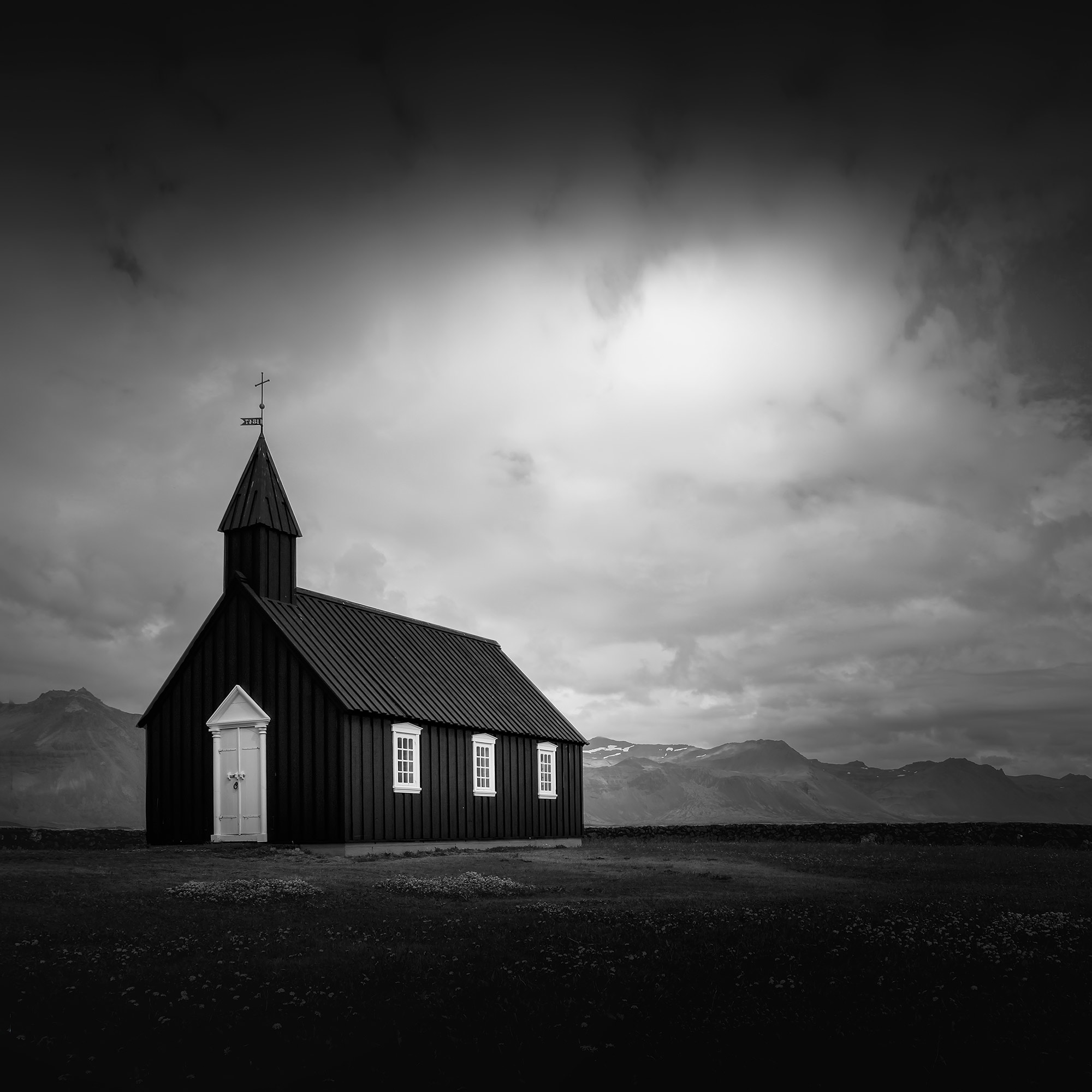 black and white architecture- old church on a hill
