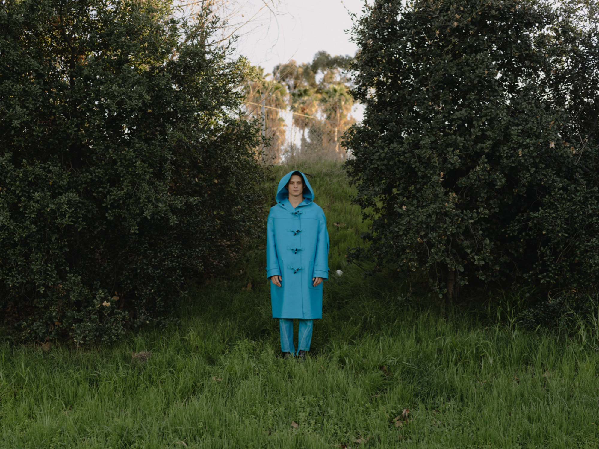 Person wearing a blue raincoat in a grassy nook 