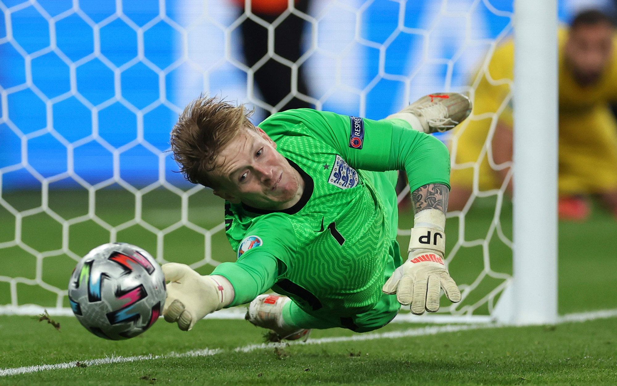 Jordan Pickford saving a shot from going in the goal