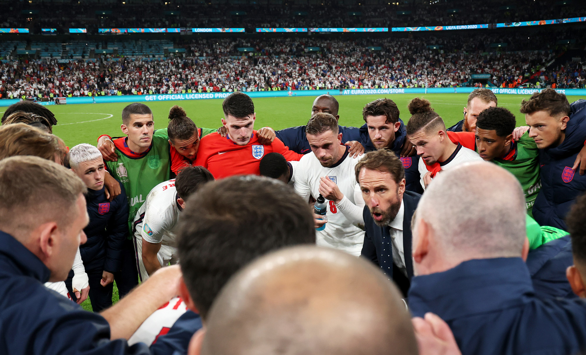 England Men's international team manager Gareth Southgate giving a speech before a penalty shootout