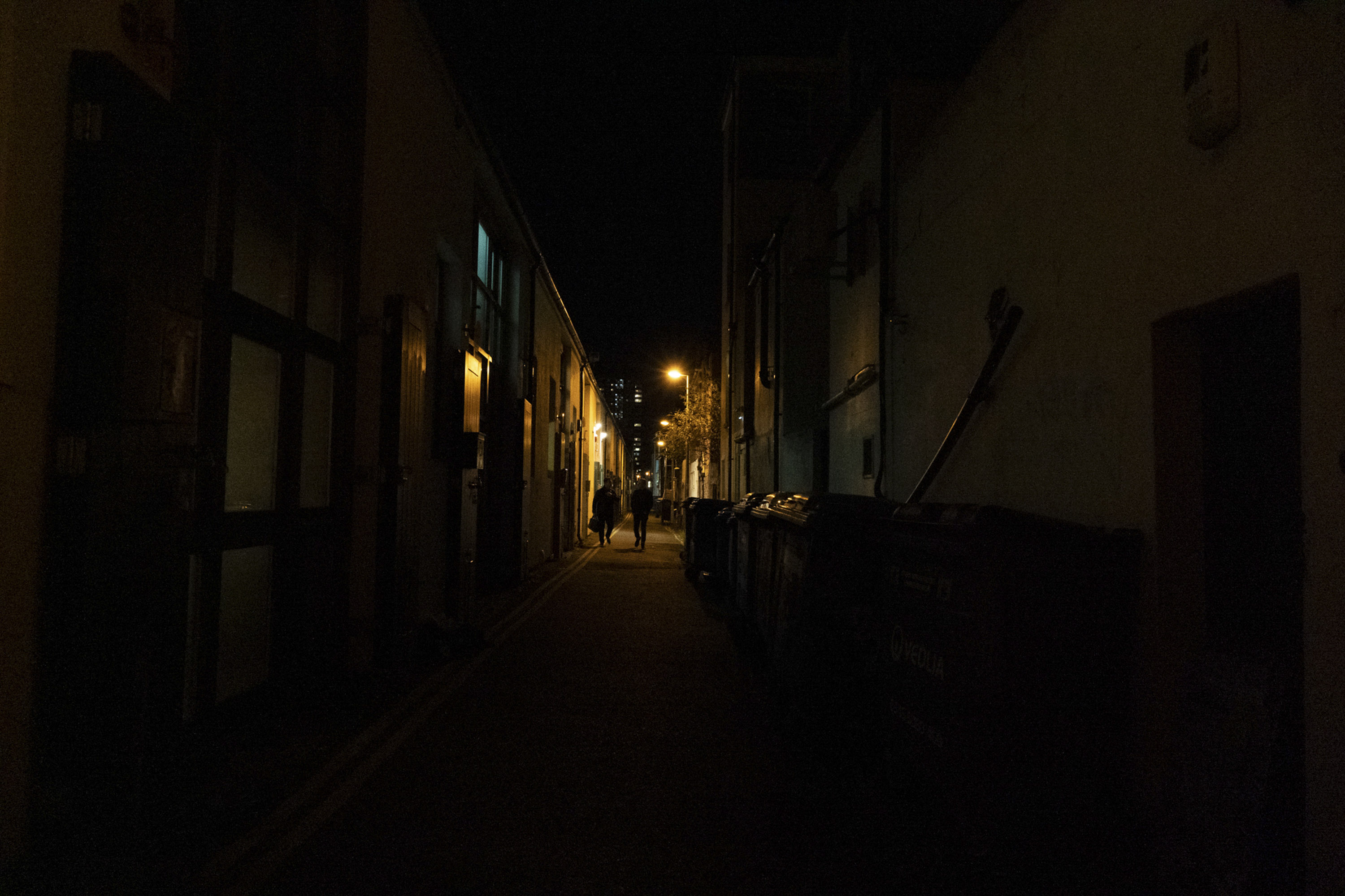 Tungsten lit street at night in Brighton 