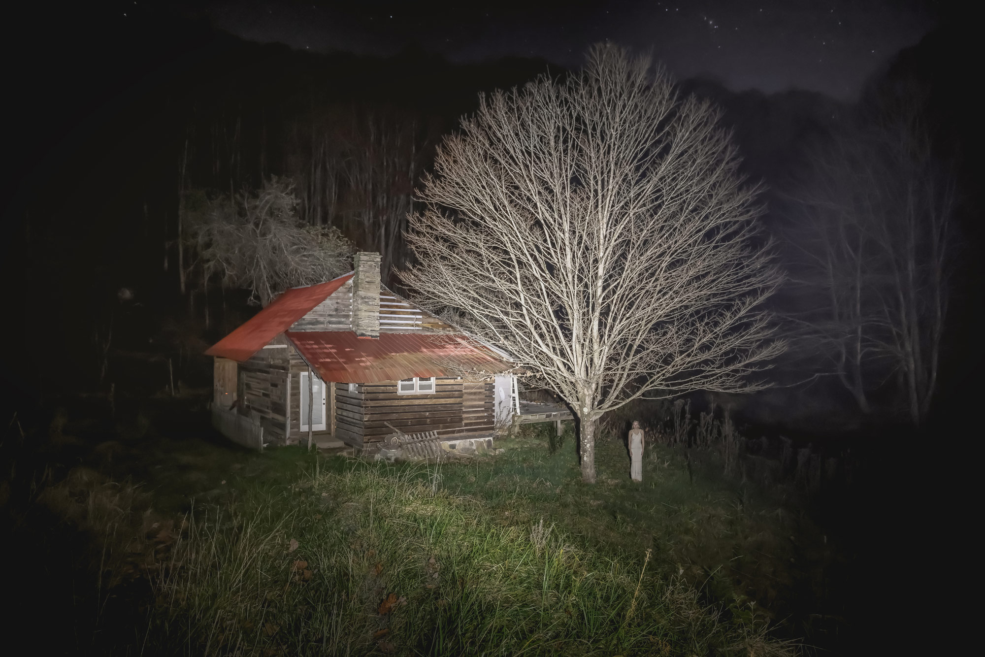 A small wooden house with a tree in front it at night time