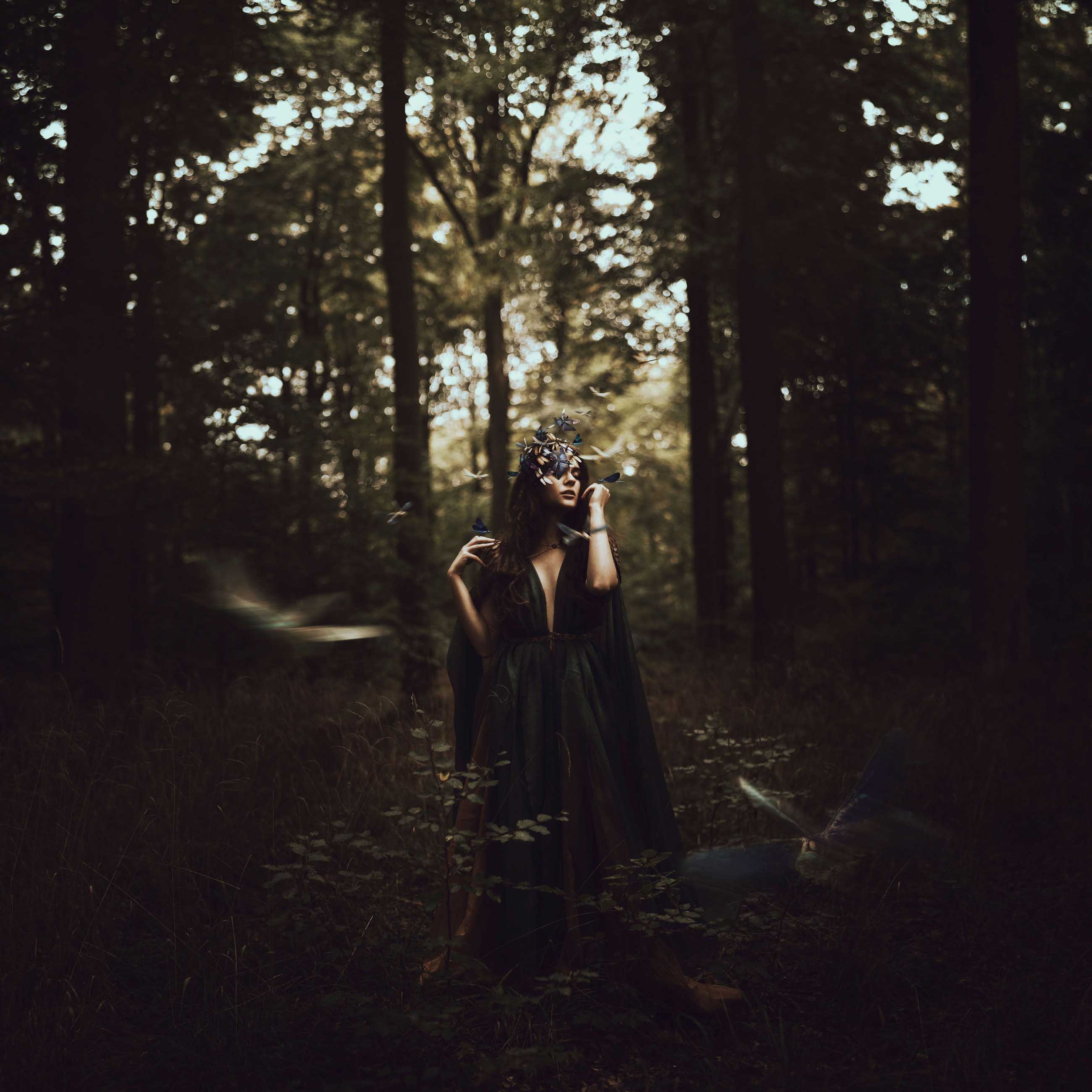 A woman wearing a dark robe stands in a deep green forest with birds and flowers flying around her head