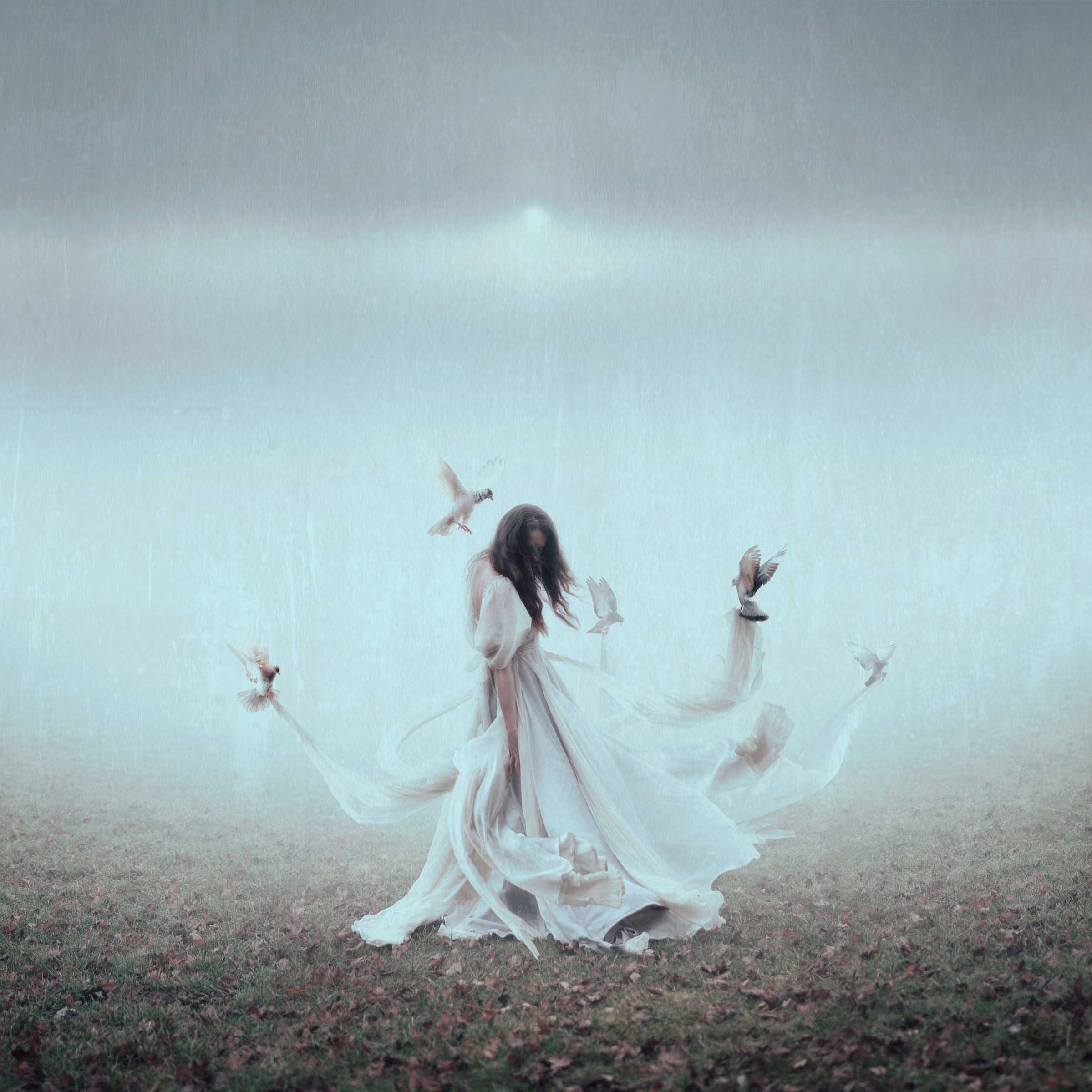 A woman wearing a white dress, surrounded by white birds who are holding strands of her dress, stands in a ethereal field
