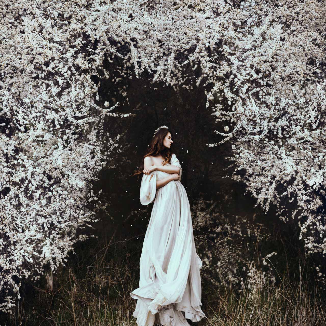 Eine Frau mit langen braunen Haaren und weißem Kleid steht in der Mitte eines Feldes, umgeben von cremefarbenen Blumen. 