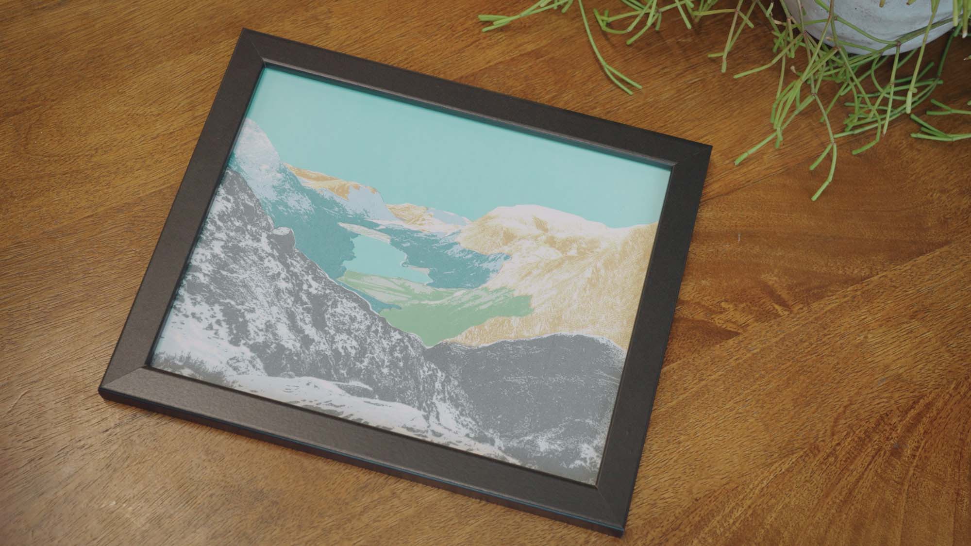 Finished screen press artwork of mountains 