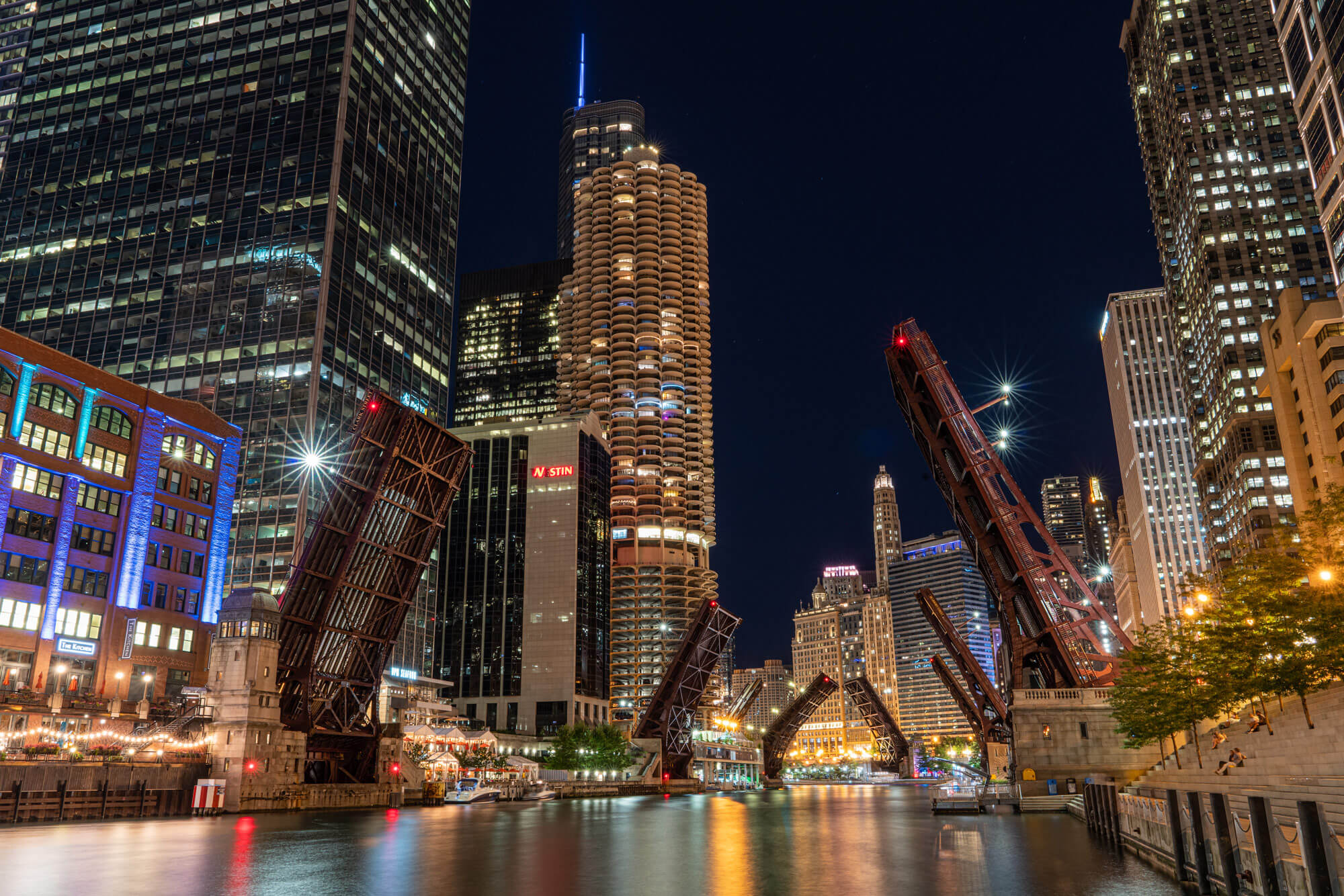 A long exposure of Chicago at night with the famous bridges up