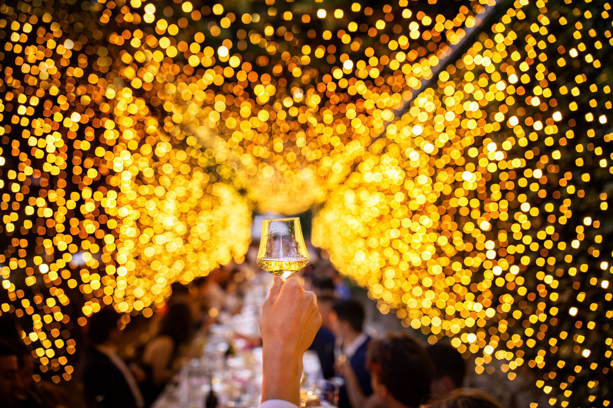 A hand raises a wine glass, with yellow lighting and a long table out of focus in the background.