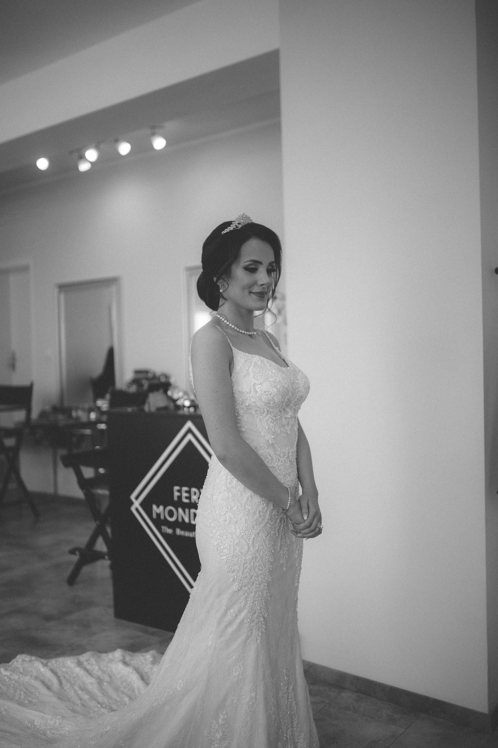 Black and white image of bride