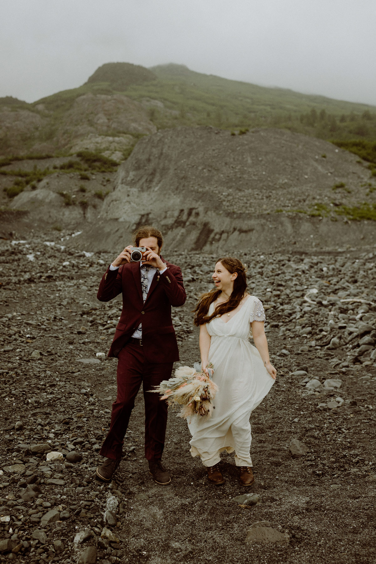 A playful wedding day couple.
