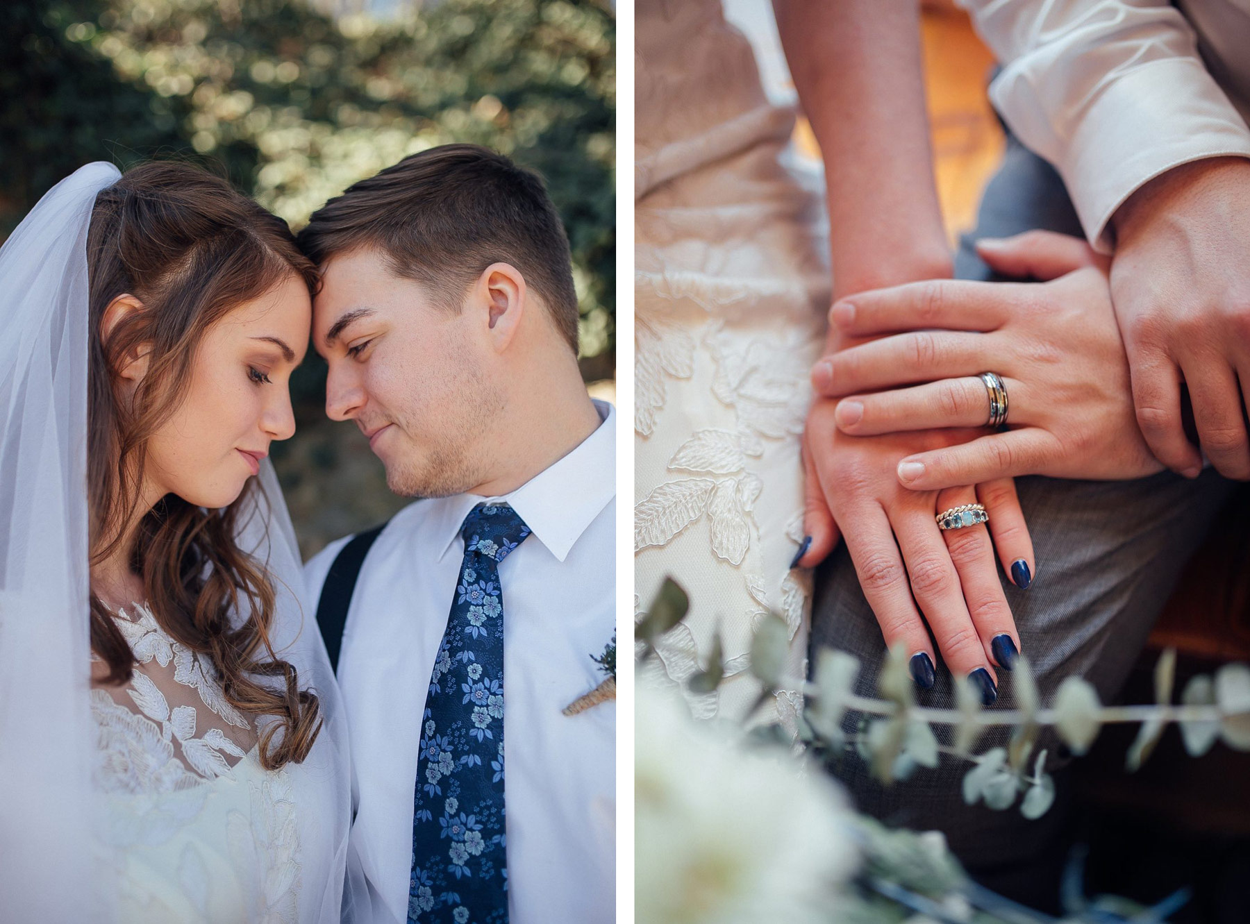 A wedding couple embraces and holds each other's hands among evergreen