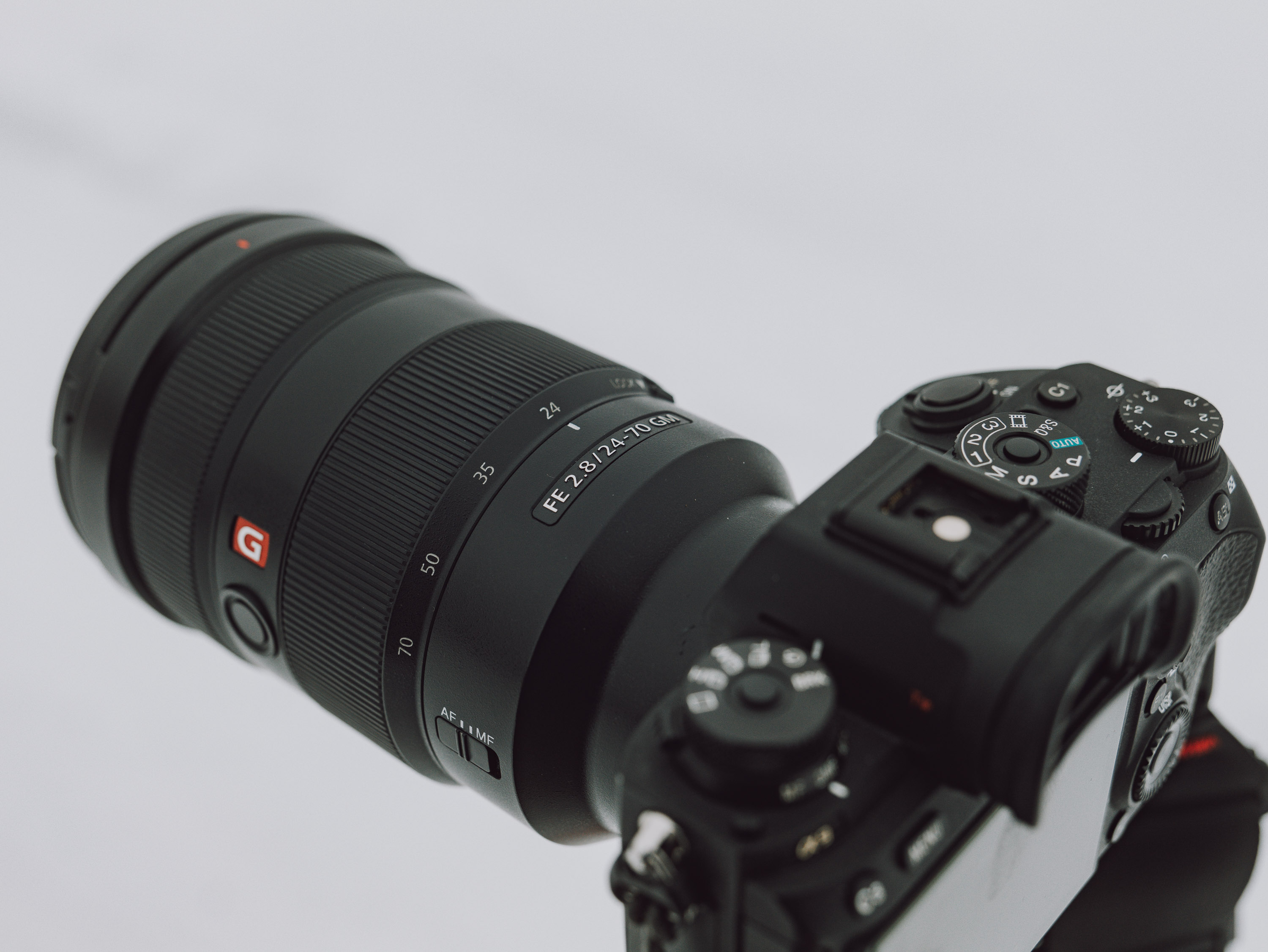 Close up top shot of a Sony A9 shot on a white background.
