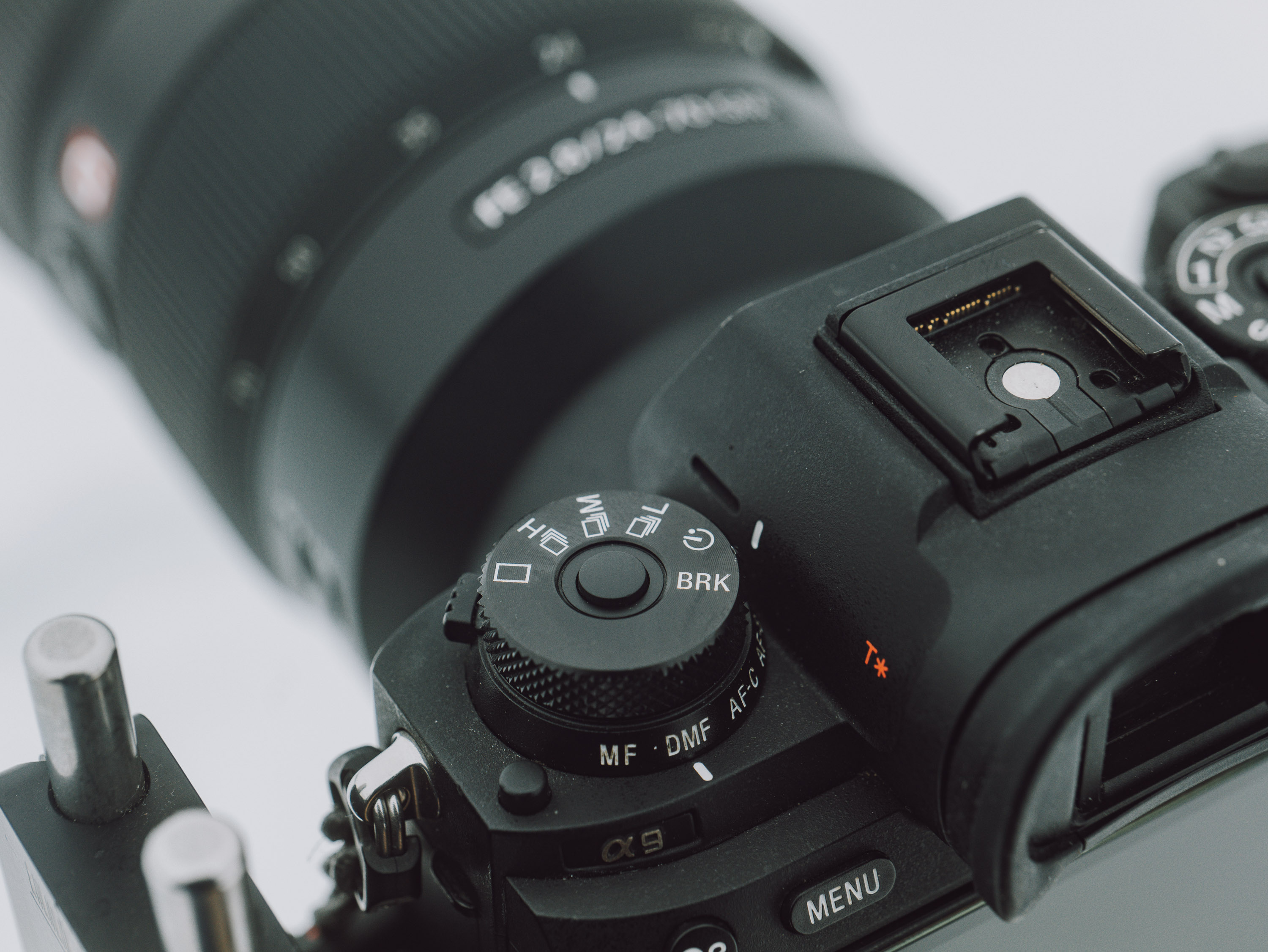 Close up shot of the top dials on a Sony A9.