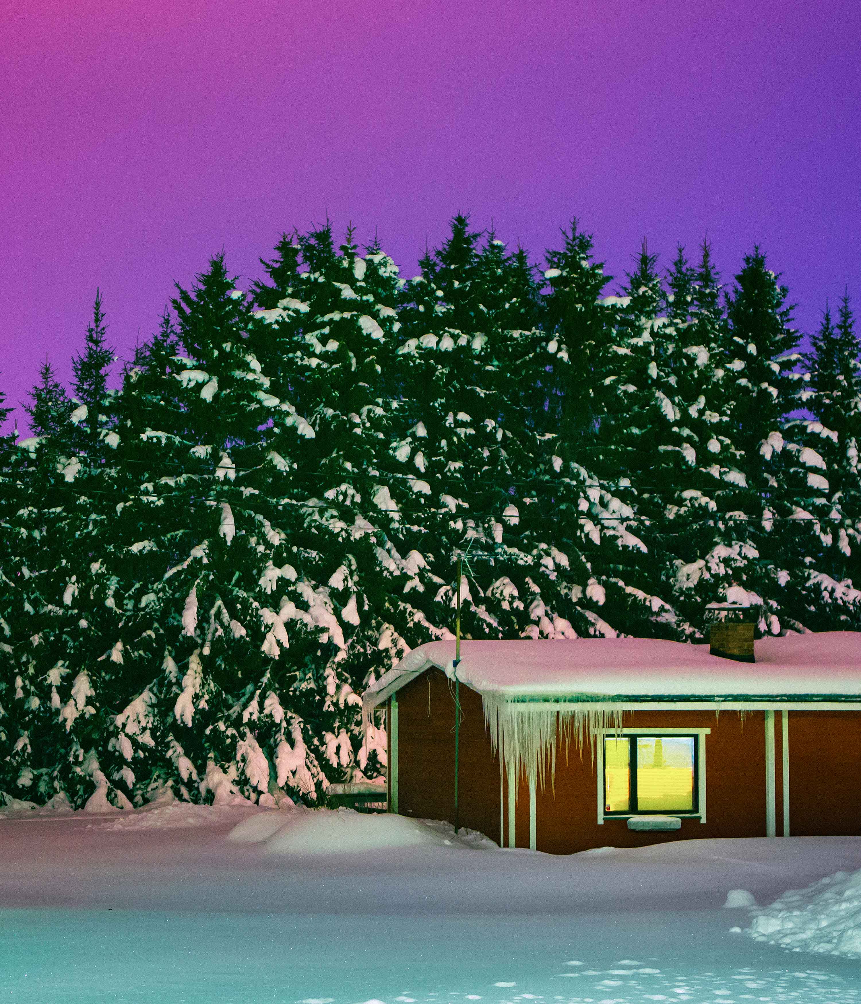  A snow-topped wooden hut, with a yellow light coming through the window,  sits in a field of snow below wintery green trees and a purple-blue night sky in the background.