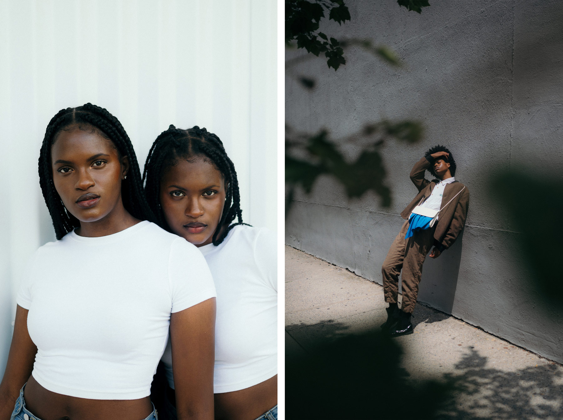 Split-Screen von zwei Porträtfotos: links zwei schwarze Frauen in weißen T-Shirts, die nebeneinander stehen und in die Kamera schauen, rechts ein schwarzer Mann in einem braunen Mantel, der an einer grauen Wand lehnt und die Hand an die Augenbraue hält