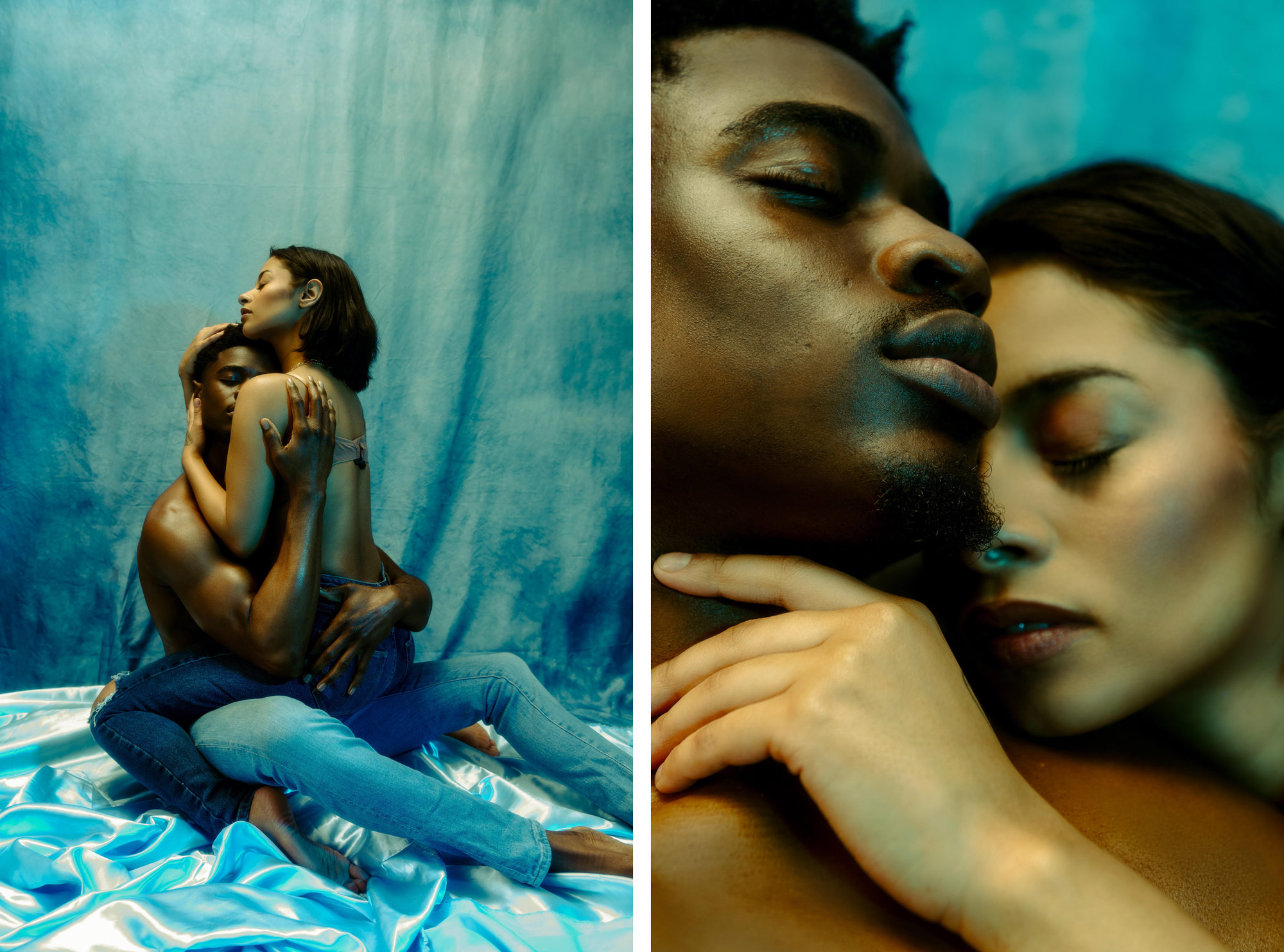 Split screen image of two photographs of the same couple a black man and a black woman embracing