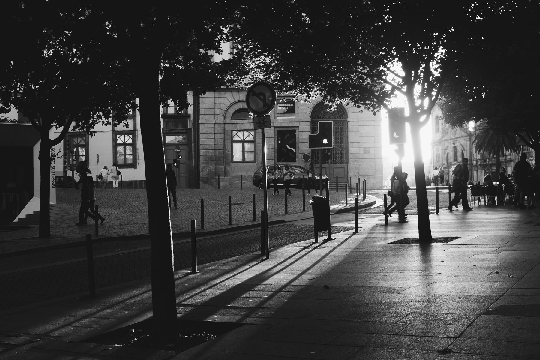 Black and White European city at sunset