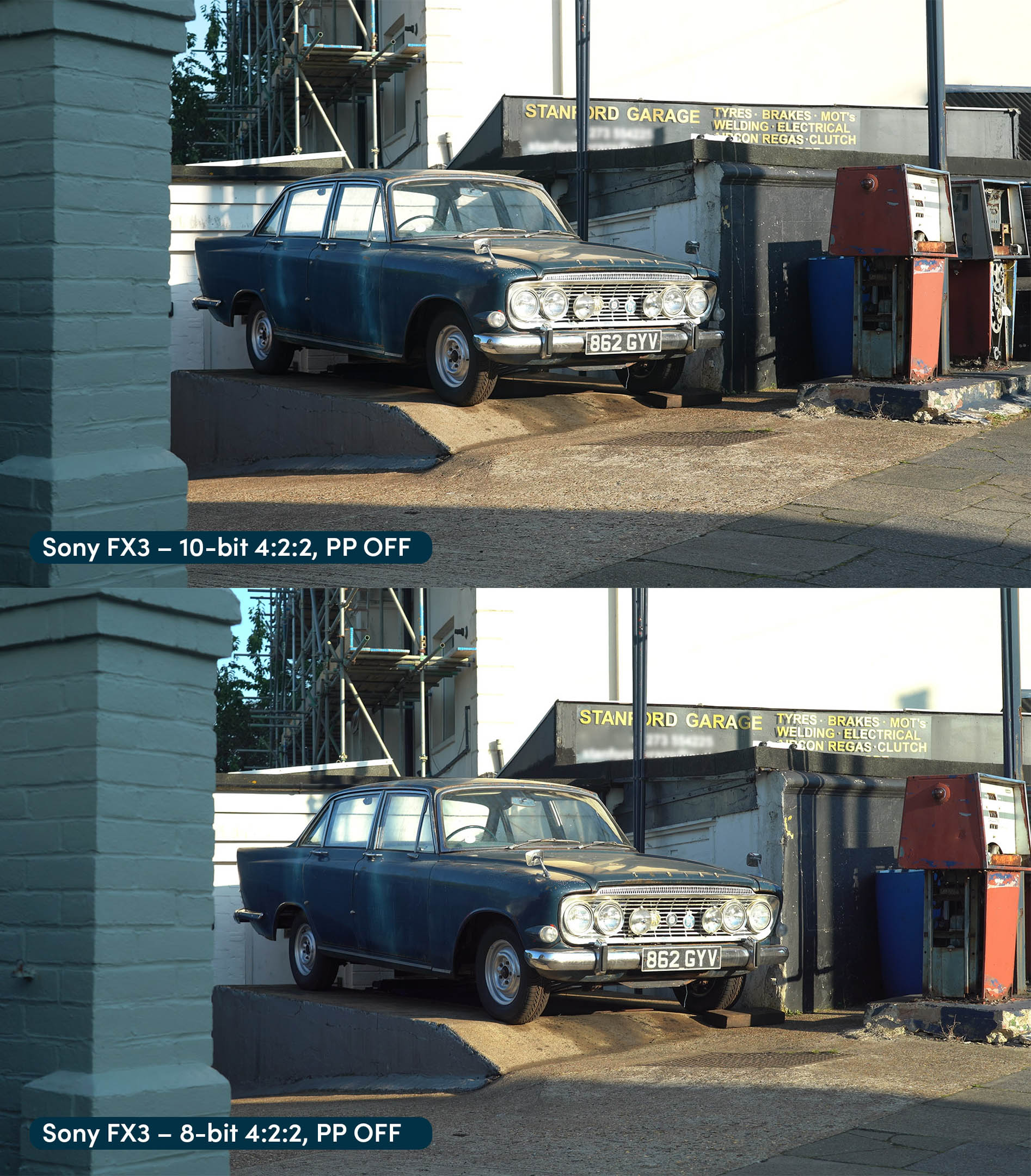 
Gegenüberstellung von zwei Aufnahmen eines alten Autos vor einer Aufnahme einer Garage. Oben ist eine Aufnahme, die mit Sony FX3 in 10-Bit gefilmt wurde, und unten ist eine Aufnahme, die mit Sony FX3 in 8-Bit gefilmt wurde.