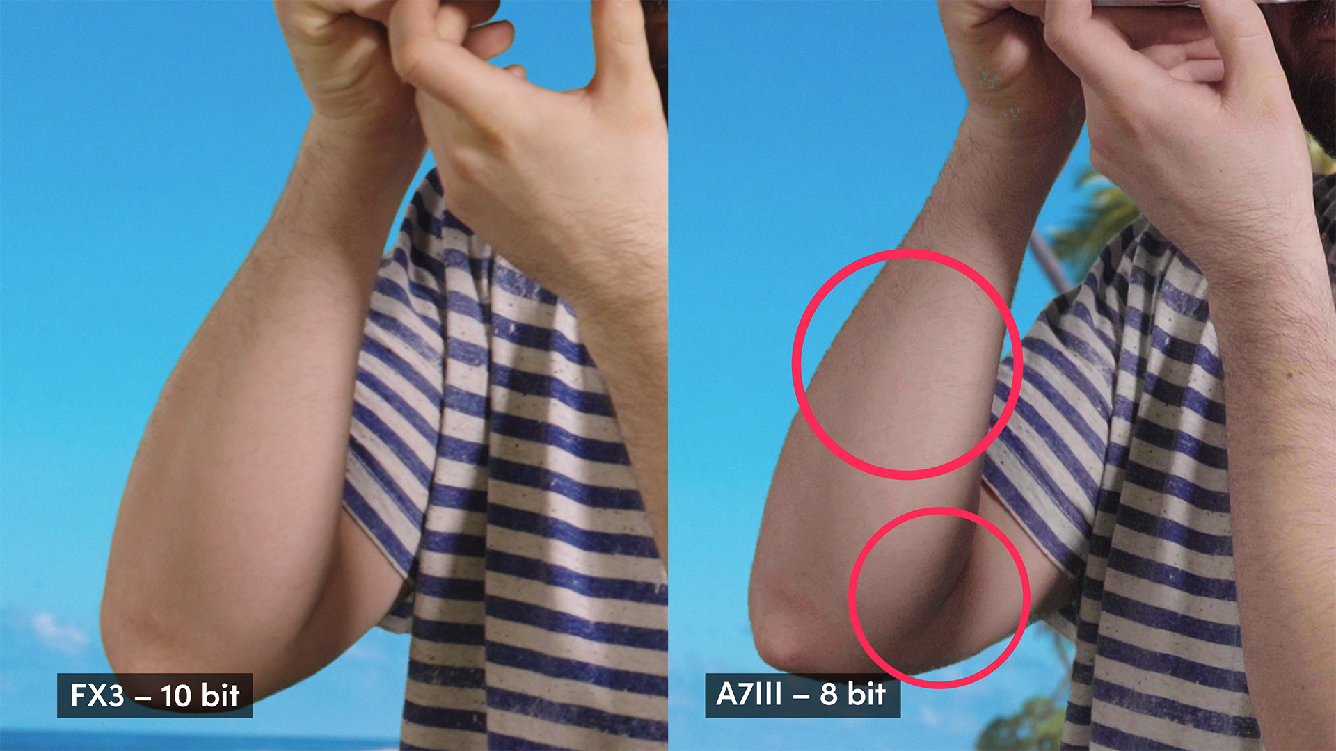 Een vergelijking van een Sony FX3 met 10-bits en een Sony A7 III met 8-bits die de impact van elke codec op Jakubs arm laat zien.