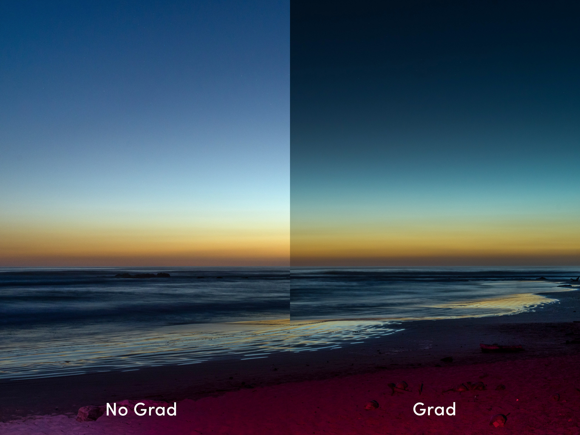 Een afbeelding van de kust om de effecten van een ND-filter te demonstreren.