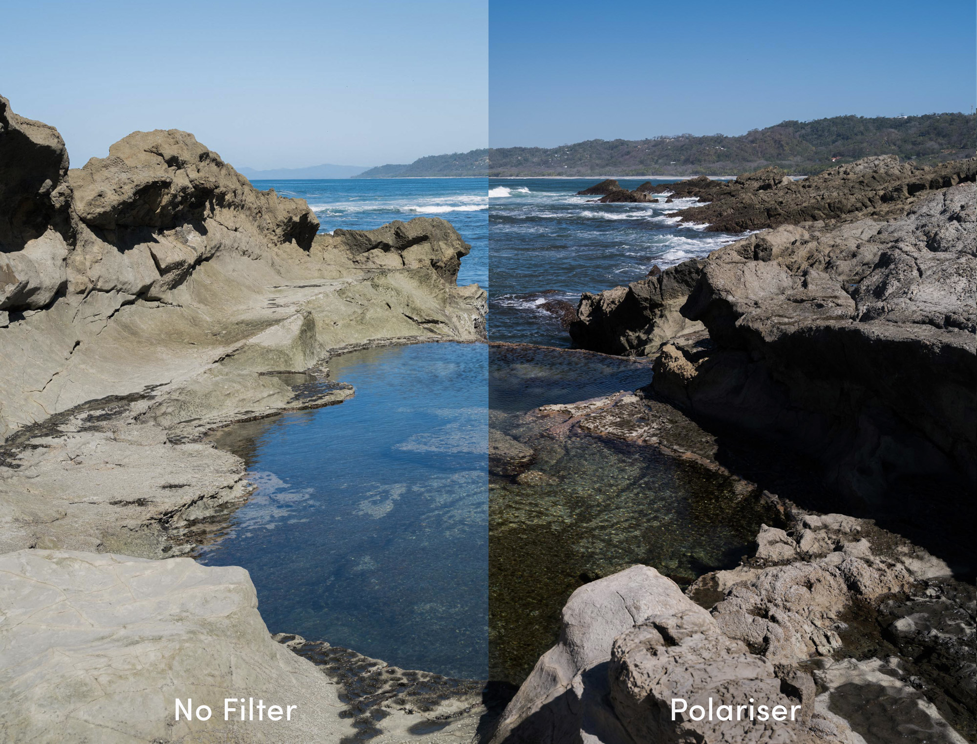 Une image fractionnée du bord de mer pour démontrer les effets de la polarisation.