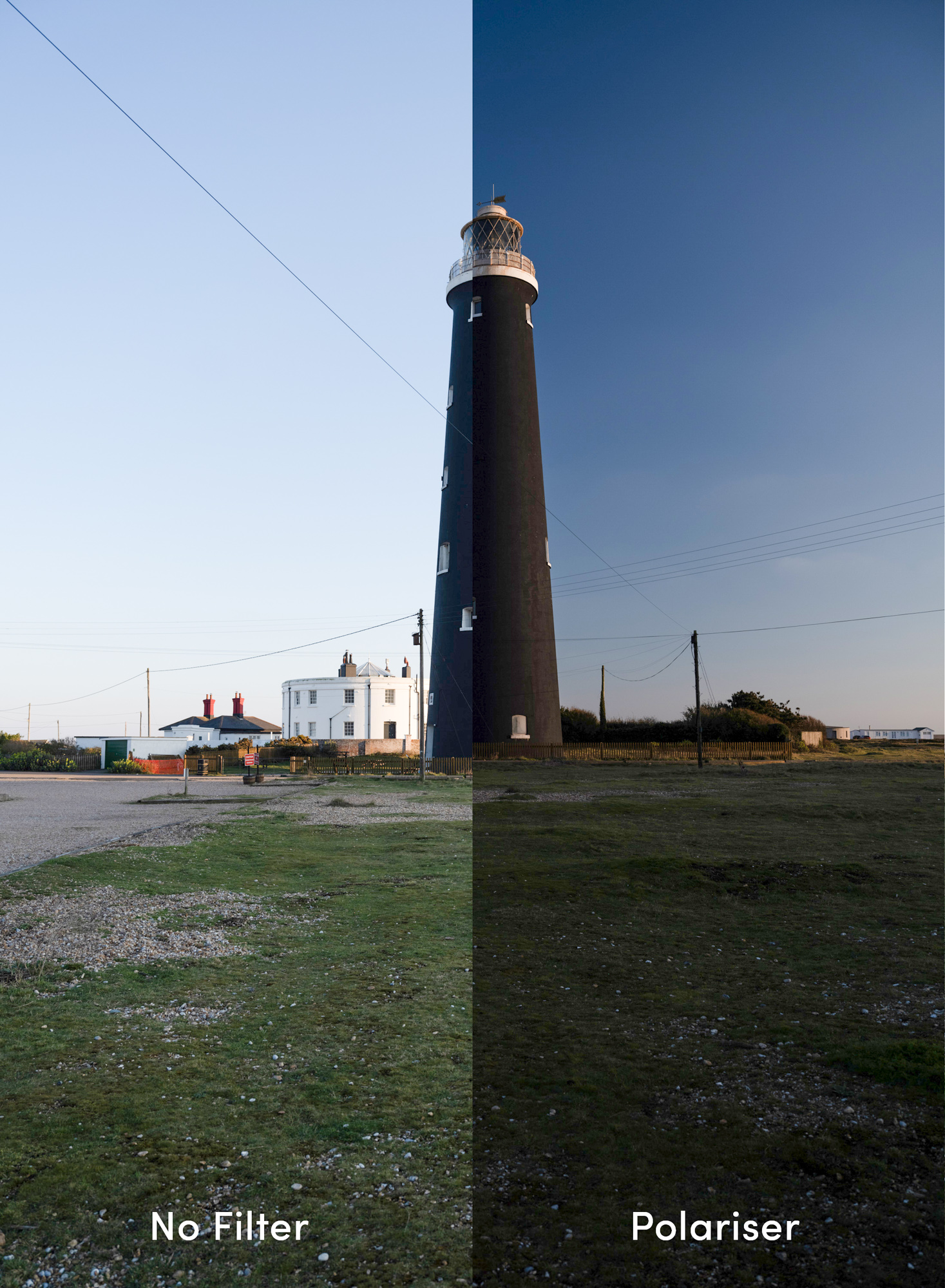 A colour image of a lighthouse split into two to demonstrate the effects of polarisation