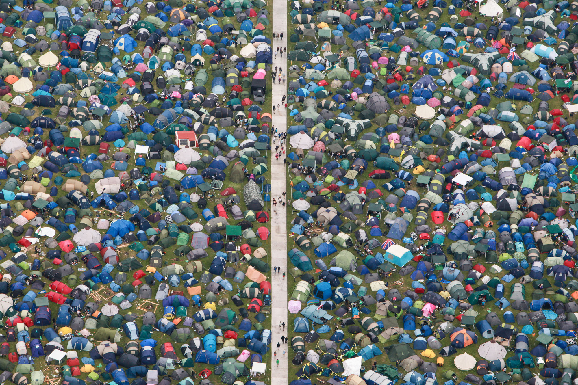 In this aerial view, tents can be seen from the air across the Glastonbury Festival site at Worthy Farm, in Pilton, Somerset on June 25, 2009.