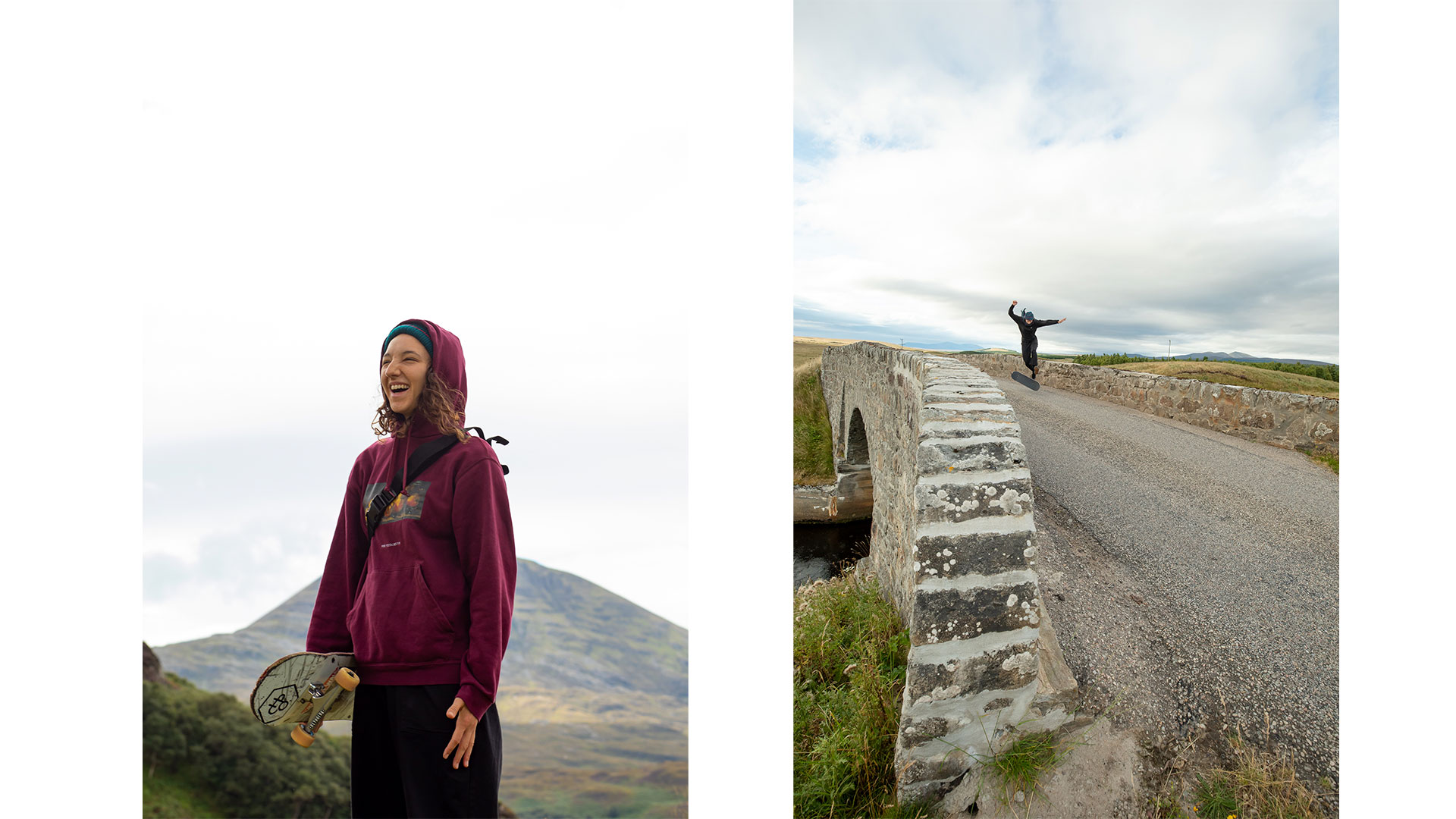 Links: Foto van een lachende skateboarder met een rode trui. Rechts: Foto van een skateboarder die een tik uitdeelt op een brug in Schotland.