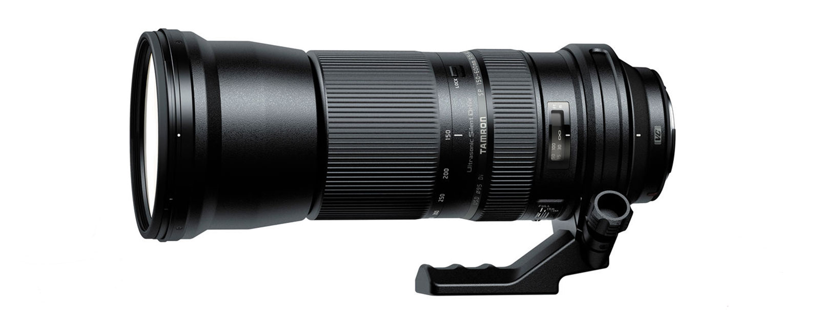 A Tamron SP 150-600mm f/5-6.3 lens on a white background.
