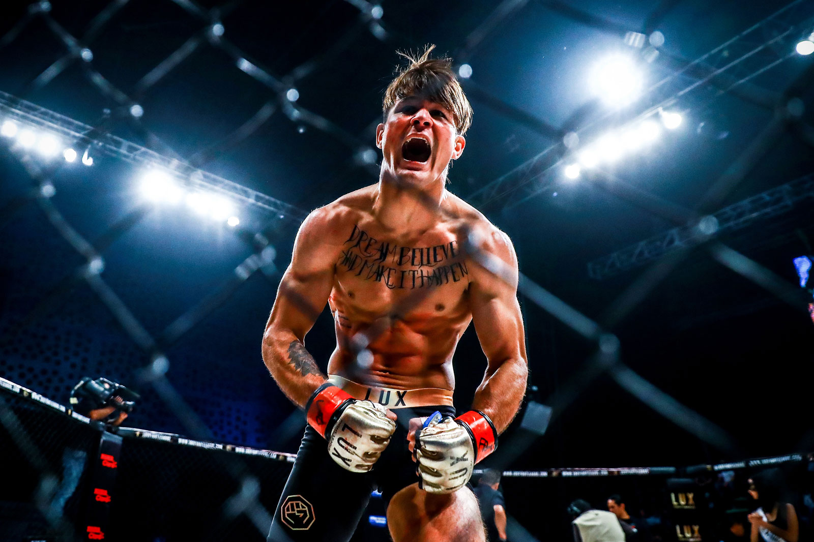 Foto van een bokser die een overwinning viert in de ring.