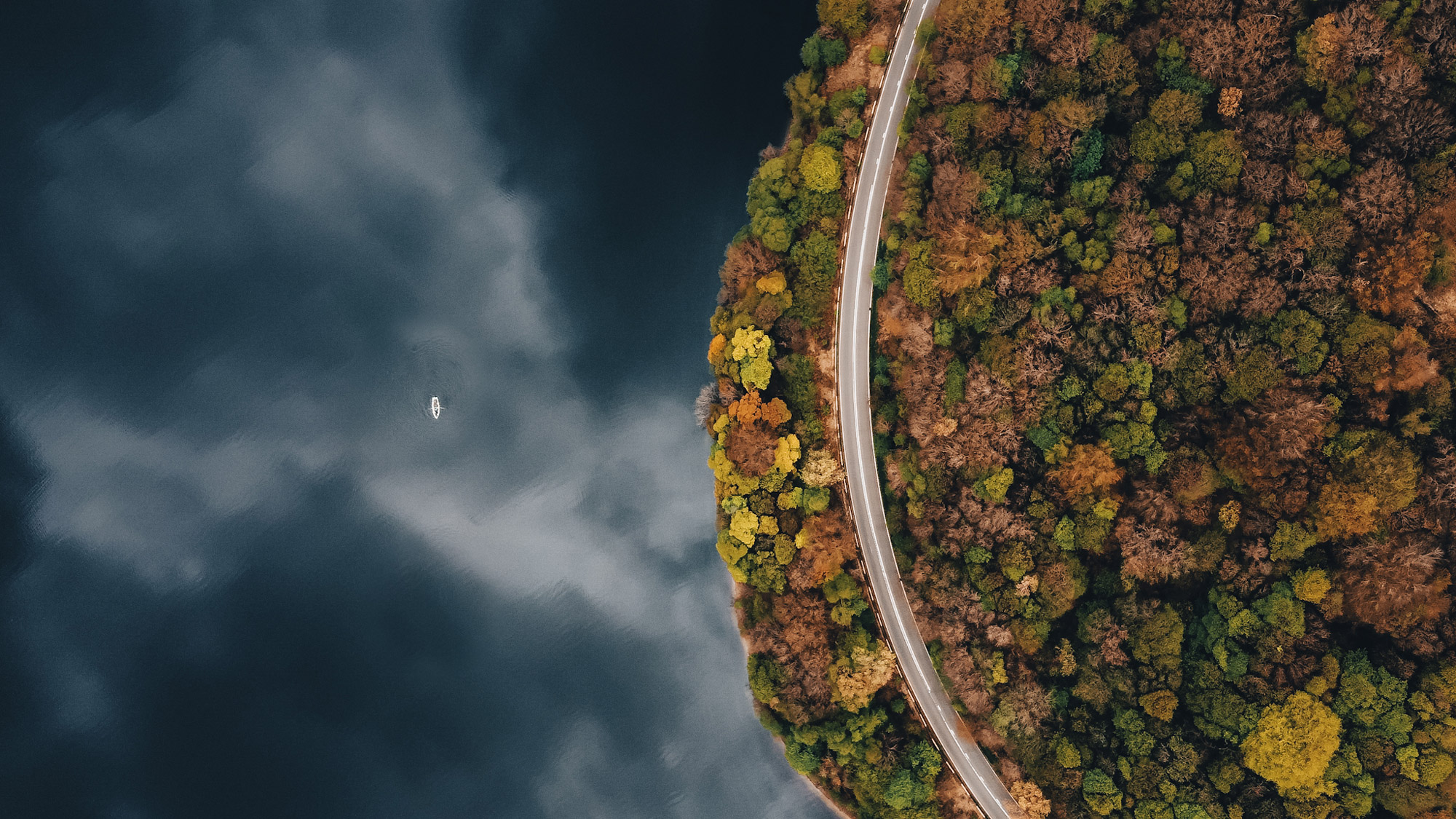 An aerial shot of a road running through a forest on a river side. There is a small boat in the river.