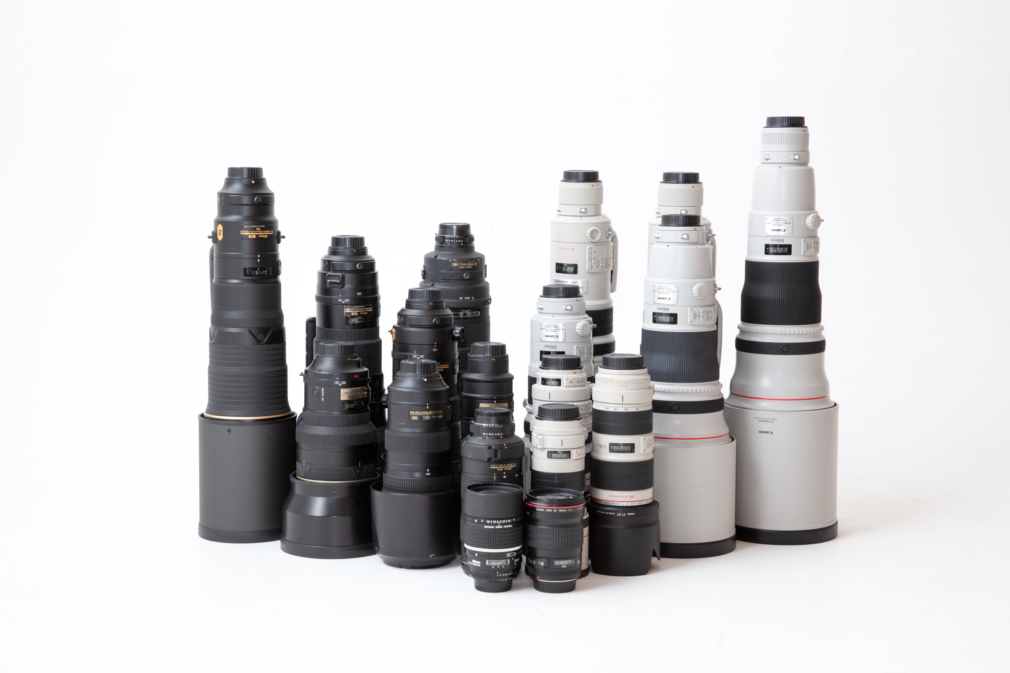 A collection of telephoto lenses on a white background